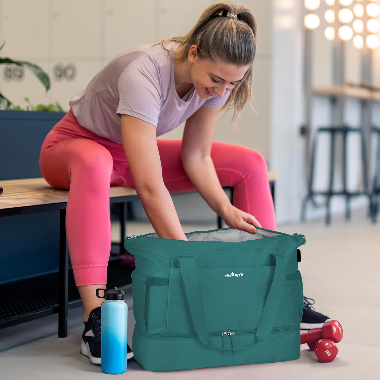 ETRONIK Women's Gym Bag with USB Charging Port - Waterproof Wet Pocket & Shoe Compartment - Durable Travel Duffel Bag for Workout, Yoga, Overnight Trips & Weekend Getaways (Malachite Green)