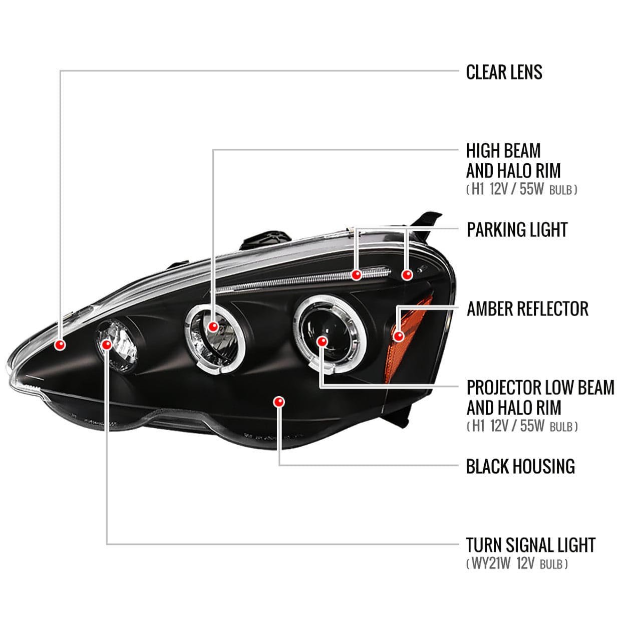 2002-2004 Acura RSX Halo Projector Headlights - Dual LED Angel Eye Headlight Assembly Replacement - Perfect for Night Driving & Car Upgrades