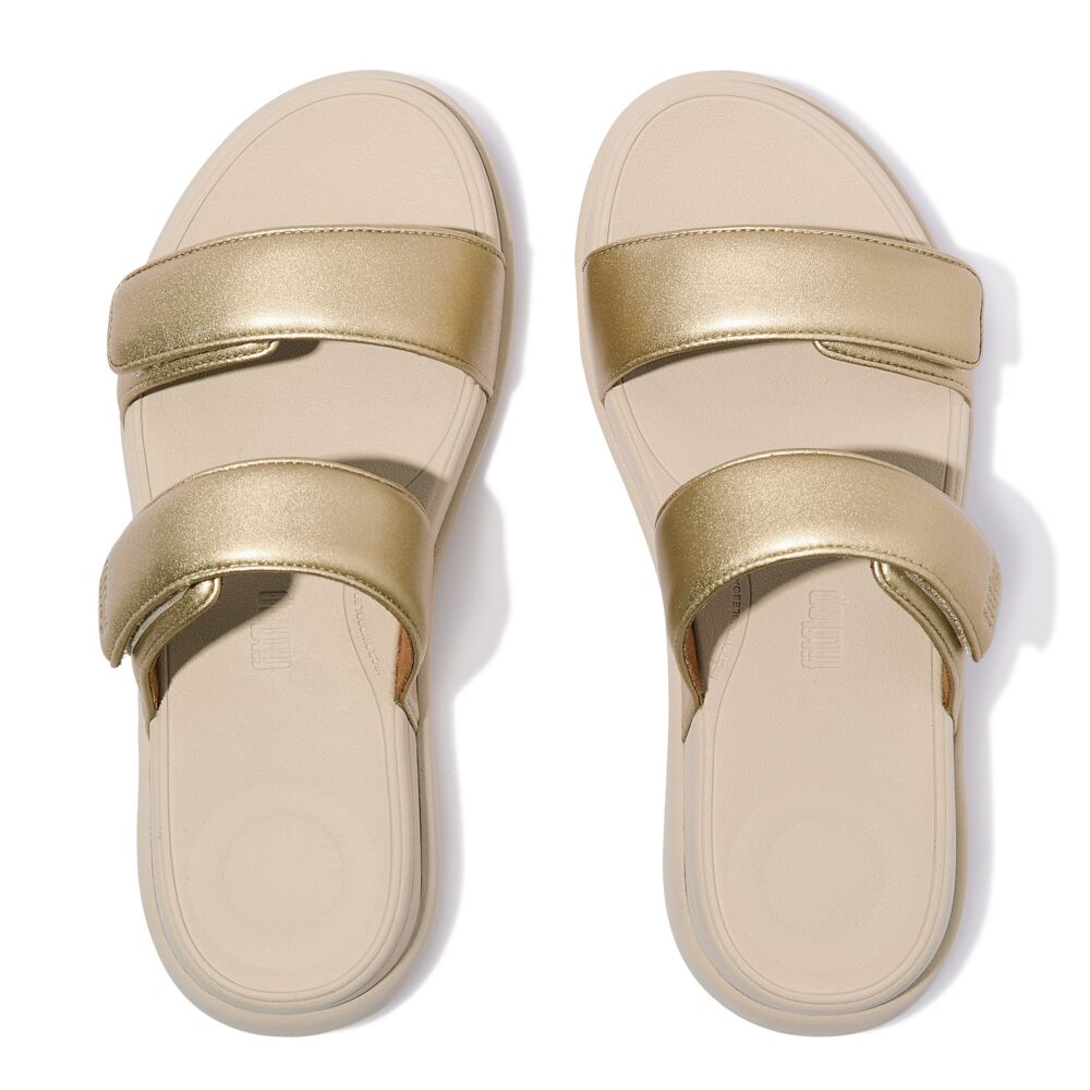 FitFlop F Mode Go Adjustable Flatform Two Bar Slide Sandals for Women - Comfortable Orthopedic Support, Lightweight & Cushioned - Perfect for Walking, Travel, and Summer Outfits (Platino)