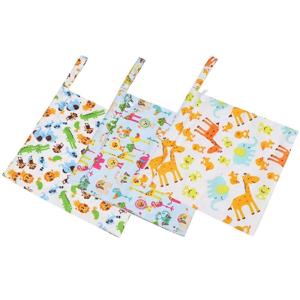 iZiv 3 Pack Waterproof Reusable Wet/Dry Diaper Bag Organizer - Double Zipper Baby Diaper Pouch for Travel, Daycare & On-the-Go Parents (Cute Printed Design)