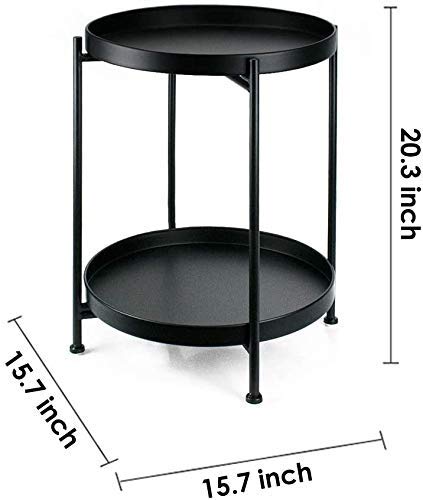 2-Tier Metal Round Tray Side Table - Small Folding Accent Coffee Table with Anti-Rust & Waterproof Finish - Perfect for Living Room, Bedroom, Balcony & Office - Black