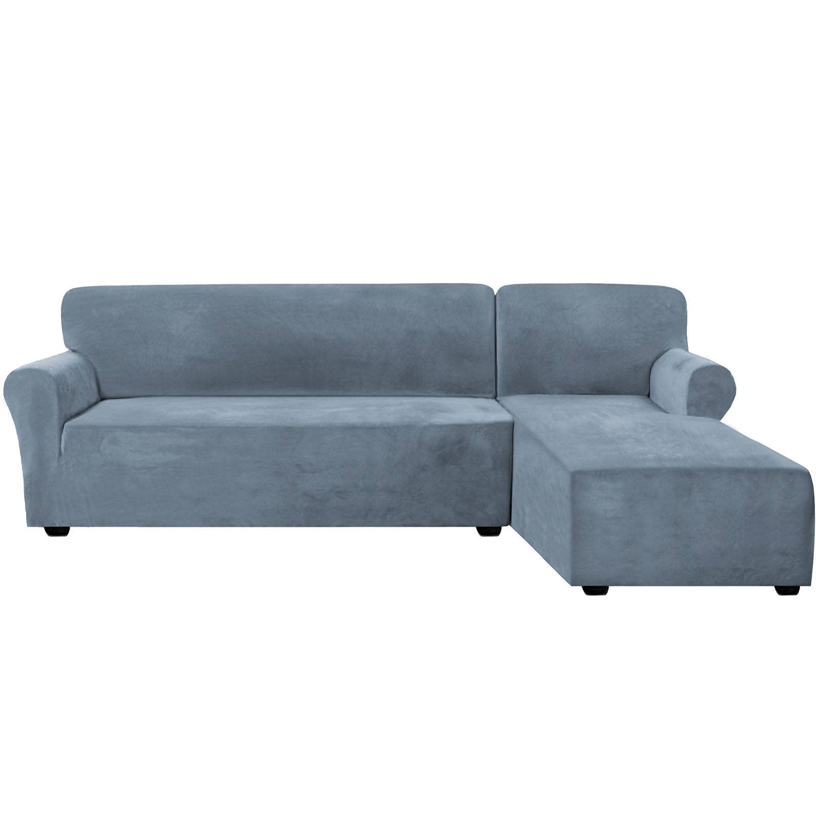 Premium Velvet 2-Piece L-Shaped Sofa Slipcover - Stretchable Sectional Couch Cover with Chaise Lounge Protector in Gray Blue (Right Chaise) - Perfect for Living Room, Family Room & Home Theater Furniture Protection