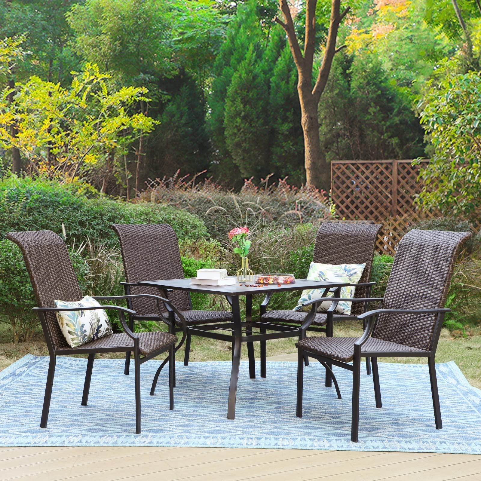 Sophia & William 5-Piece Black Wicker Patio Dining Set - 4 High-Back Rattan Chairs & 1 Metal Square Table with Umbrella Hole | Outdoor Garden Furniture for Backyard, Poolside & Terrace Dining