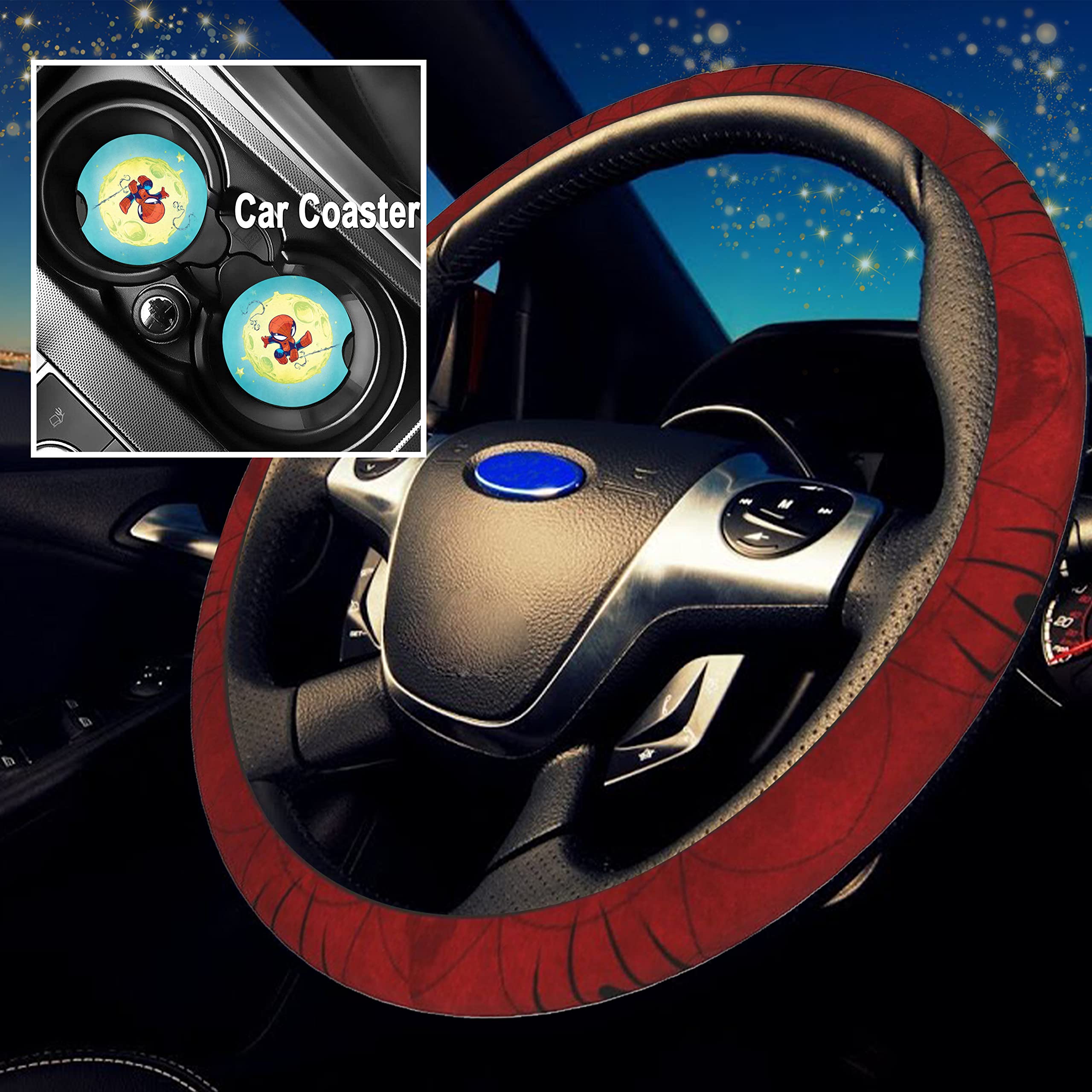 Cute Cartoon Steering Wheel Cover for Women & Men - Universal Fit 15 Inch Car Accessories with 2PCS Non-Slip Coasters - Soft Comfortable Red Car Decor for Daily Driving & Road Trips