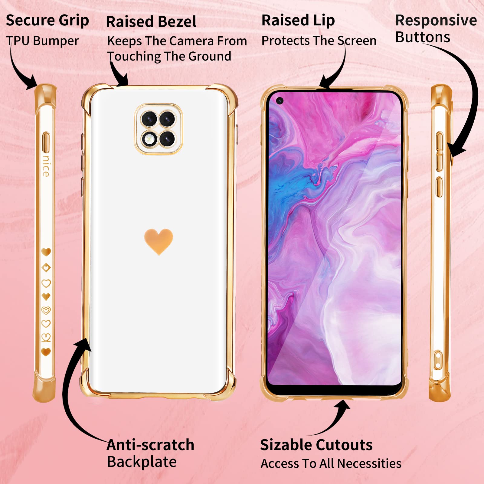 3-in-1 Luxury Heart Pattern Phone Case for Motorola Moto G Power 2021 (6.6 Inch) - Cute Aesthetic Love Design with Screen Protector & Chain - Perfect Gift for Women & Girls | Everyday Protection & Stylish Accessory
