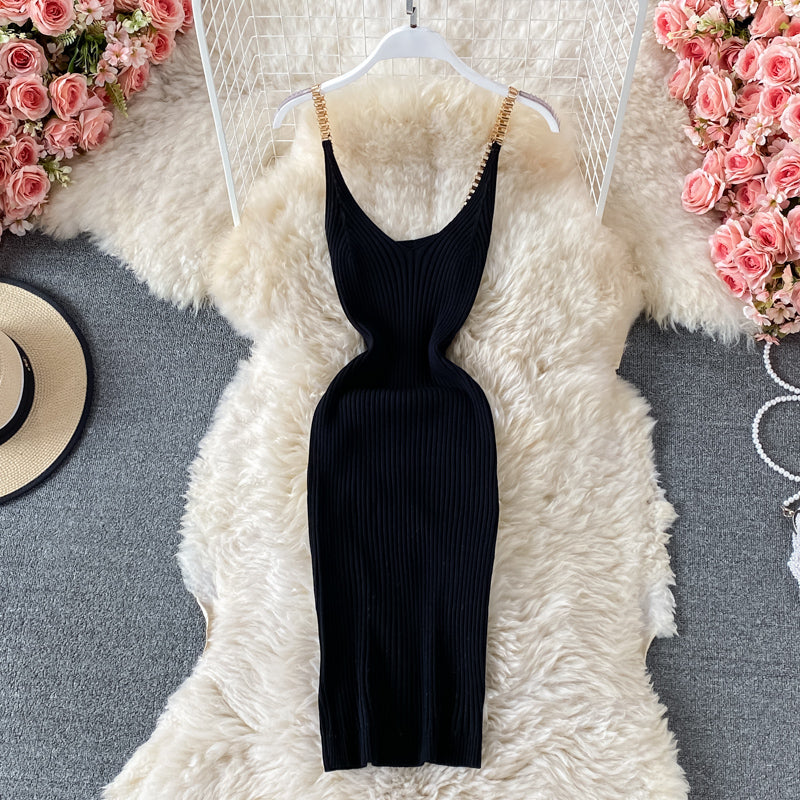 2023 Summer New Knitted Chain Shoulder Strap Sheath Dress for Women - Elegant Bodycon Party Dress for Night Out, Club, Date Night, Wedding Guest (Style 435)