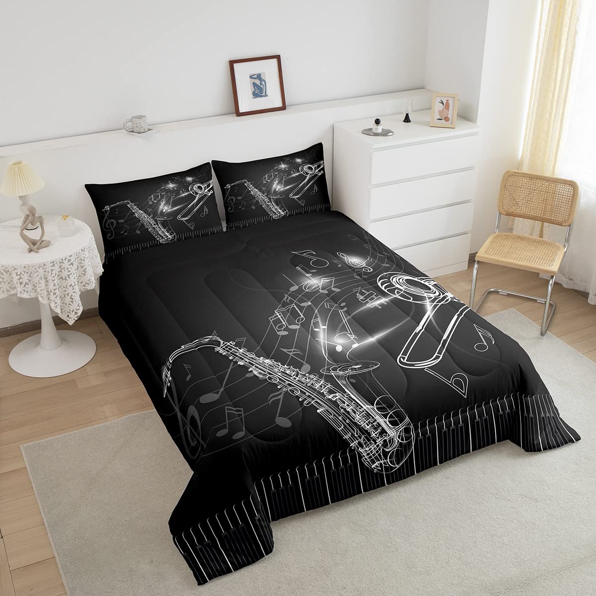 Jazz Music Instrument Comforter Set - Saxophone, Trombone & Piano Keys Design, Full Size Bedding for Kids & Teens | Boys & Girls Musical Theme Duvet Cover | Perfect for Music Lovers' Bedroom Decor & Gift