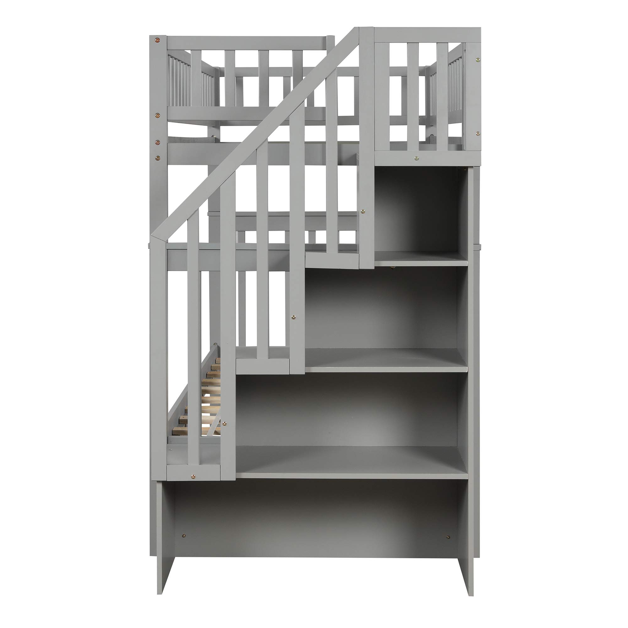 Danxee Twin Over Twin Stairway Bunk Bed with 4 Storage Shelves & Trundle - Space-Saving Gray Bunk Bed for Teens, Kids Bedroom & Guest Room Furniture - Perfect for Small Spaces, Sleepovers & Multi-Kid Rooms