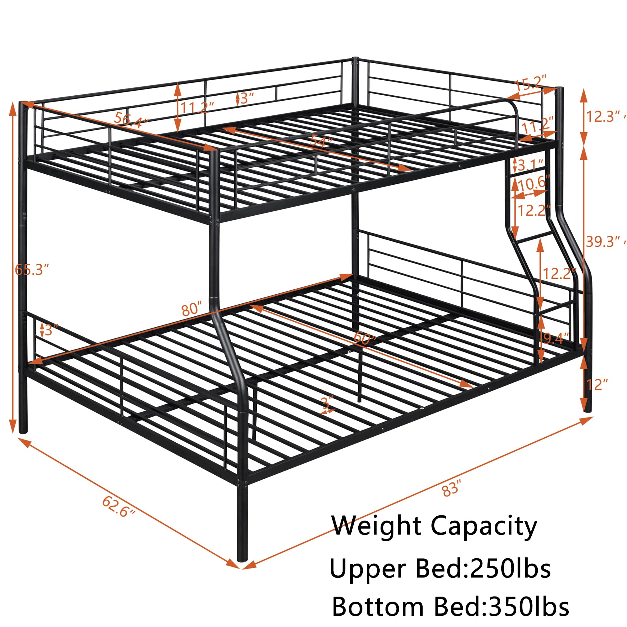 Full XL Over Queen Bunk Bed with Built-in Ladder & Guardrail - Heavy Duty Metal Convertible Bunk Bed for Kids, Teens & Adults - Space Saving Black Bunk Bed for Small Rooms, Dorms, Guest Rooms & Vacation Homes