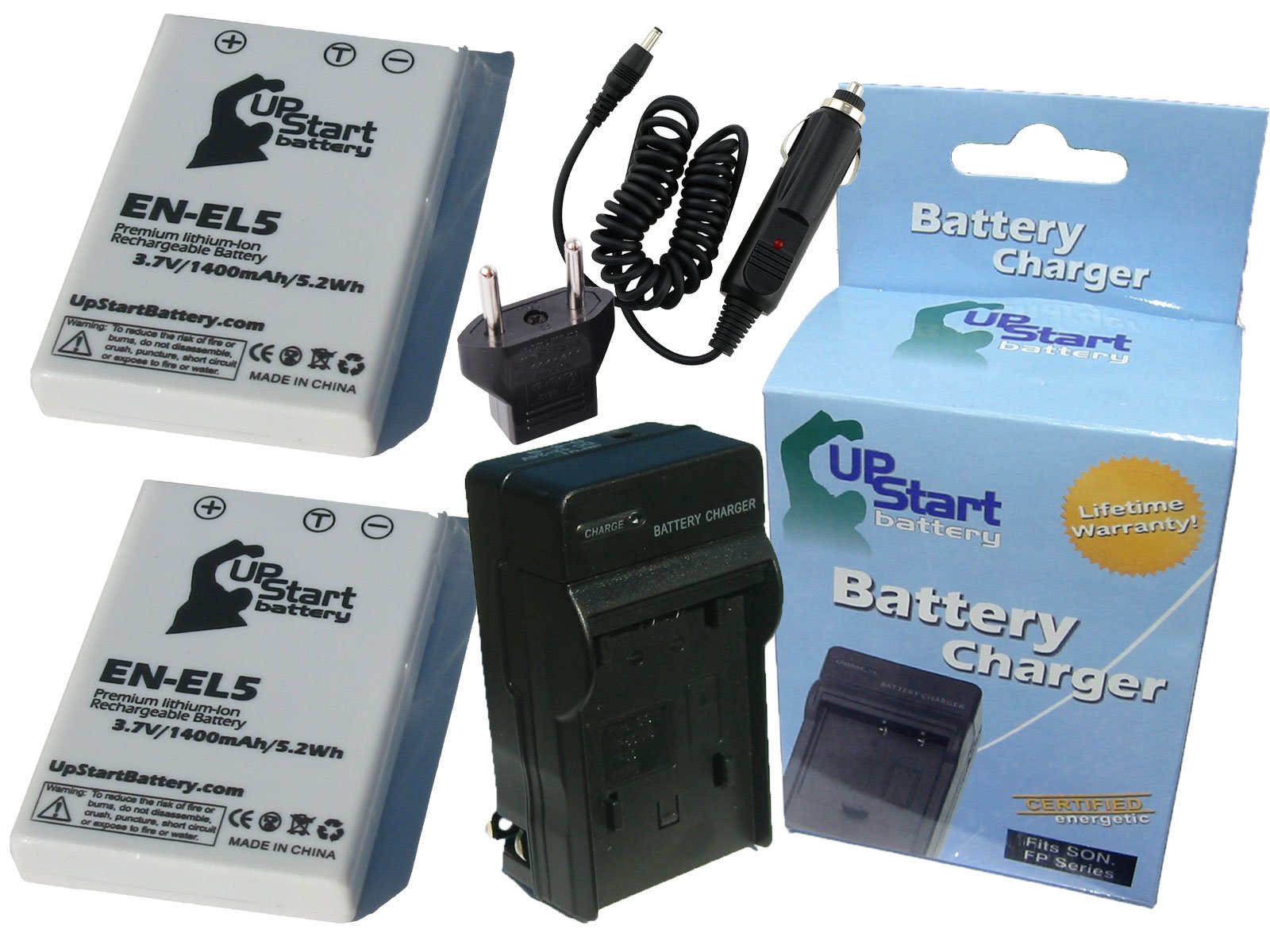 2-Pack Coolpix P520 Replacement Battery & Charger Kit with Car/EU Adapters - 1400mAh EN-EL5 Lithium-Ion Battery for Nikon Digital Cameras - Perfect for Travel Photography and Outdoor Shooting