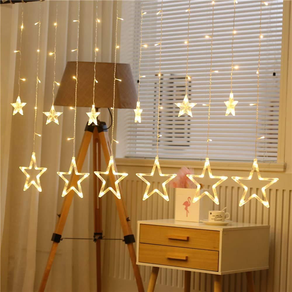 12 Stars 138 LED Twinkle Star String Lights - Christmas & Ramadan Window Decorations with Hook Hangers - Perfect for Bedroom, Party, Wedding & Holiday Home Decor