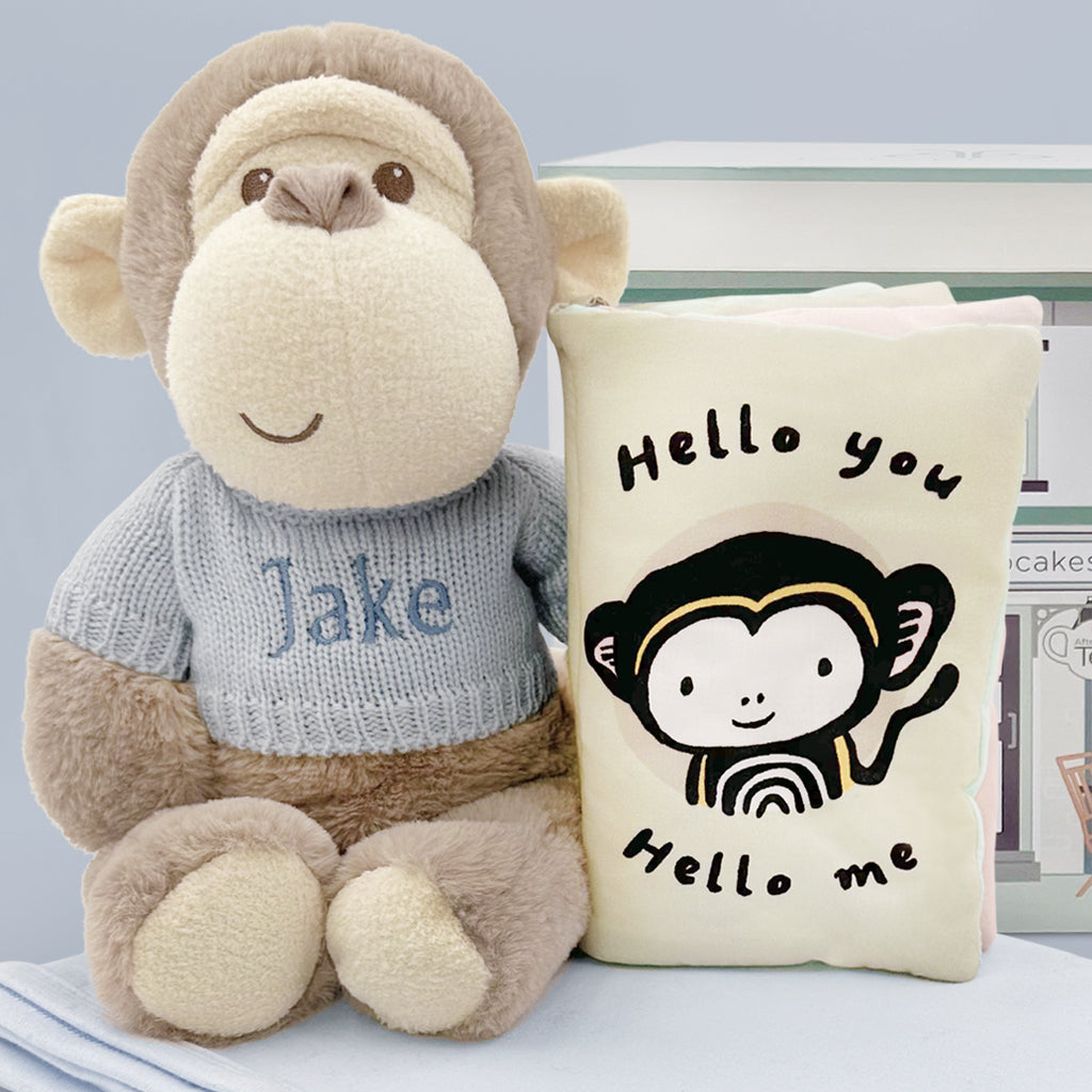 Personalized Morris Monkey Plush Toy with Snuggle Wrap & Storybook - Blue | Cute Baby Shower Gift & Nursery Decor