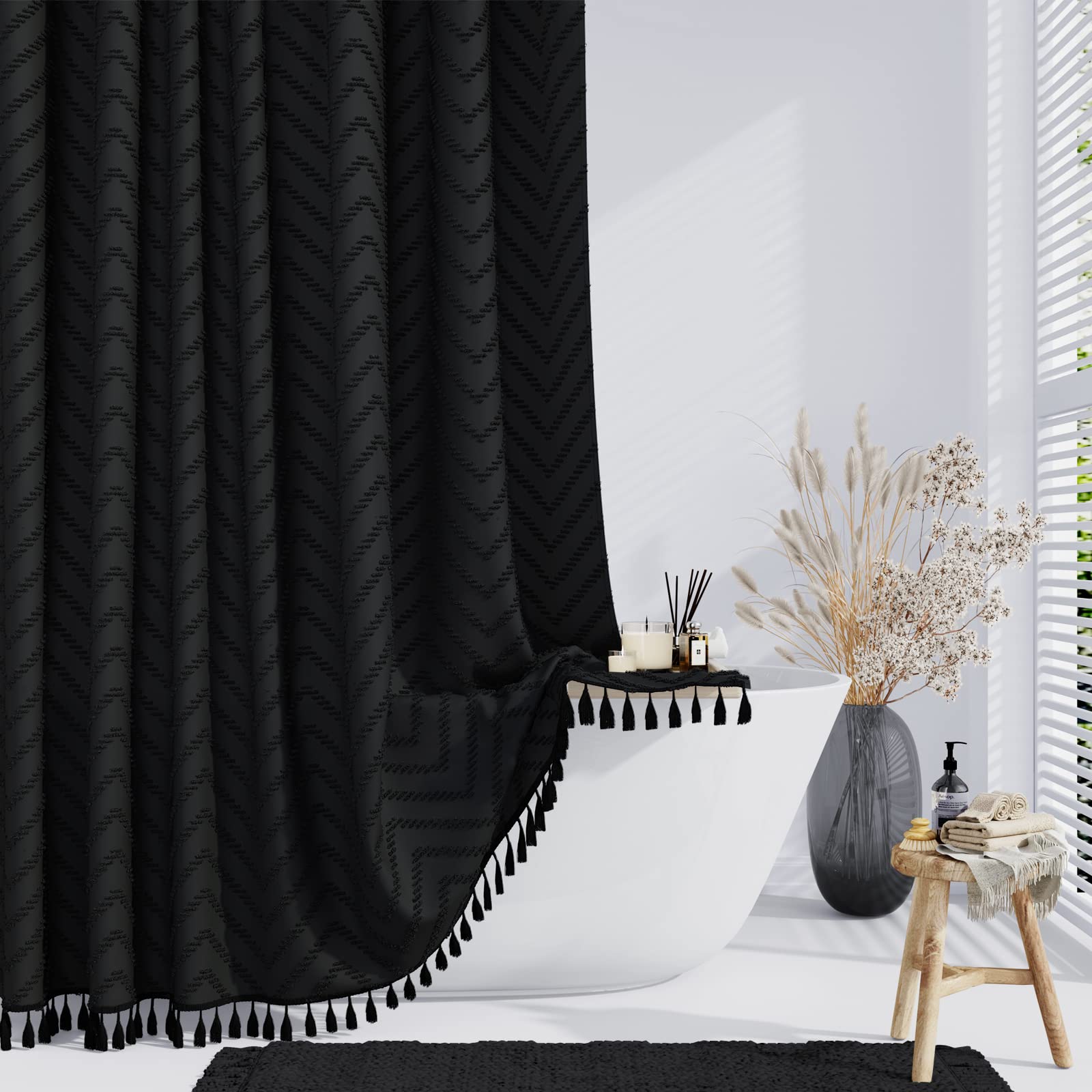 Dynamene Boho Farmhouse Shower Curtain - Black Textured Chevron Striped Bathroom Curtain with Tassels, Water Repellent Fabric, Minimalist Ruffled Design, Includes Hooks (72x72 Inches) - Perfect for Modern, Vintage, or Bohemian Style Bathrooms