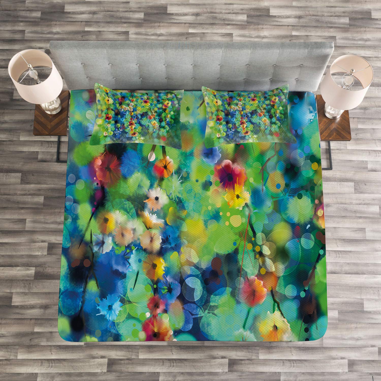 Ambesonne Floral Bedspread Set - Vibrant Spring Flower Design, 3-Piece Queen Size Bedding with 2 Pillow Shams in Green & Blue | Perfect for Spring Decor, Guest Room Makeover & Boho Bedroom Aesthetic