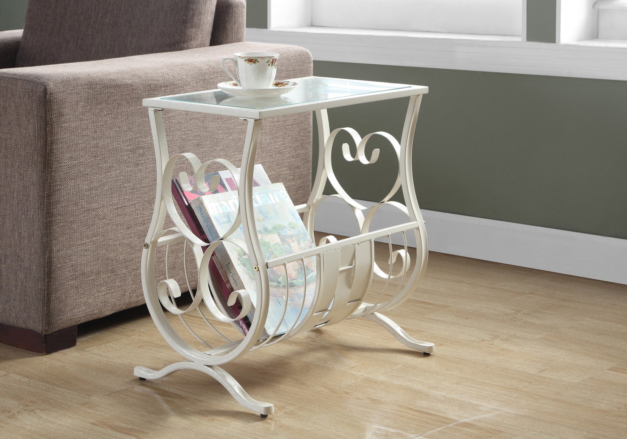 Antique White Metal Accent Table with Tempered Glass Top - Elegant Side Table for Living Room, Bedroom, or Entryway Decor