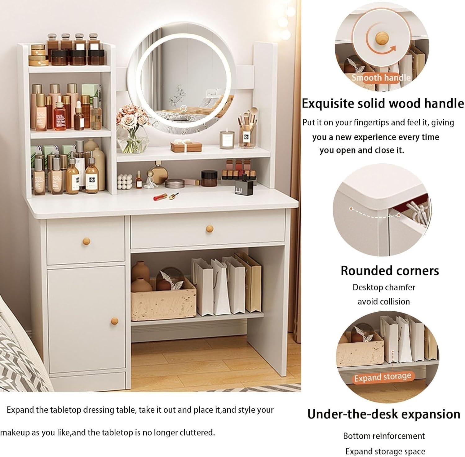 LED Vanity Desk with Mirror & Drawers - 3 Lighting Modes, Makeup & Writing Desk for Bedroom (White)