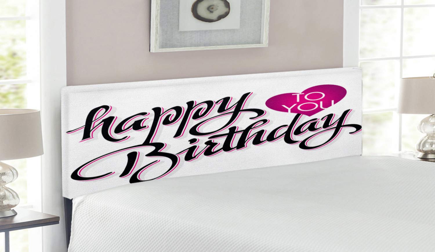 Ambesonne Vintage Typography Birthday Headboard - Pink Heart Calligraphy Design, Upholstered Metal Bed Frame with Memory Foam, Queen Size in Fuchsia Black White | Perfect for Bedroom Decor & Gift Ideas