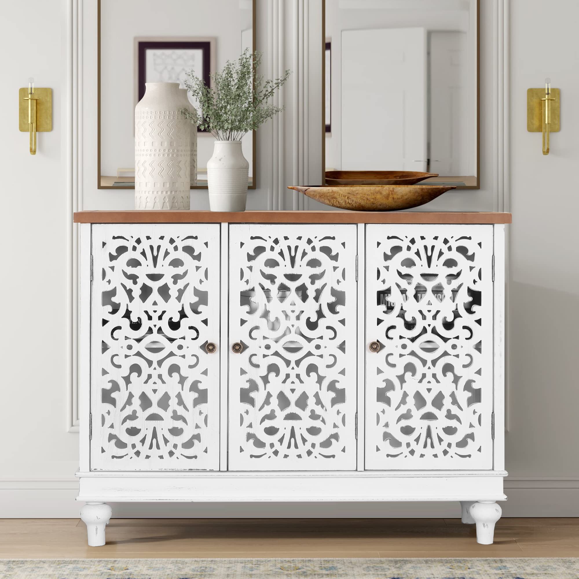 PHI VILLA White Farmhouse Accent Cabinet with Doors - Rustic Credenza Sideboard Buffet Storage Cabinet for Living Room, Dining Room & Entryway - Perfect for Home Decor & Organization