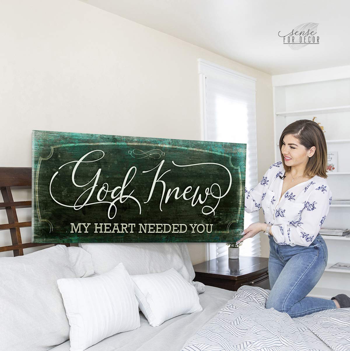 God Knew My Heart Needed You Quote Wood Framed Canvas Wall Art - Inspirational Home Decor for Bedroom, Living Room & Couples Gift (Teal, 42x19) - Perfect for Romantic Spaces & Anniversary Presents
