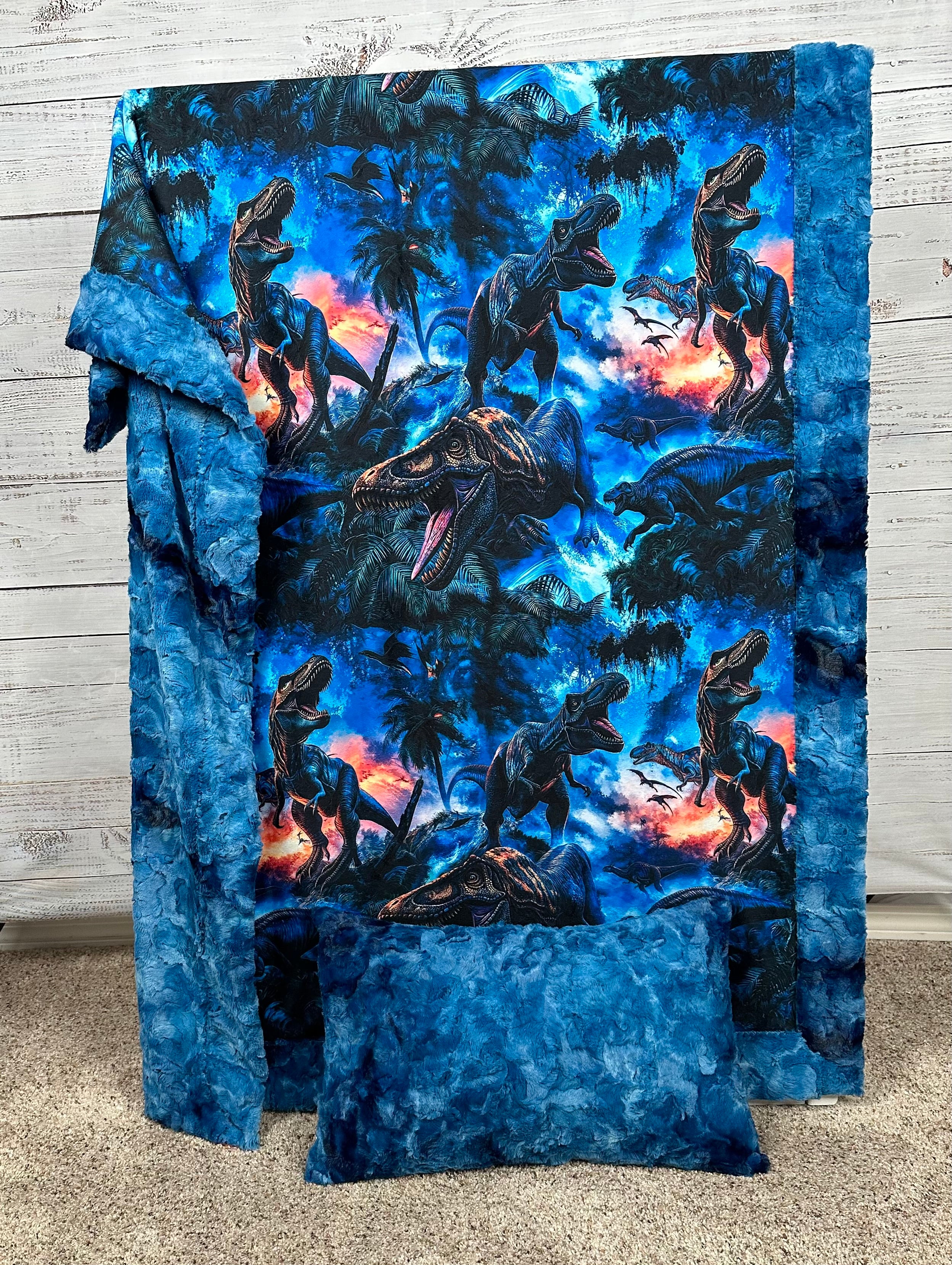 Soft Dinosaur Print Blue Luxe 41x60 Minky Blanket for Kids & Toddlers with Matching Pillowcase - Cozy Nursery Bedding for Nap Time & Playtime