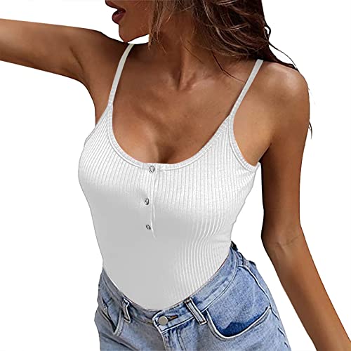 Women's Solid Color Knit Tank Top with Spaghetti Straps & Button Front - Trendy Summer Casual Shirt for Women (White, S) | Perfect for Beach, Yoga, Gym & Everyday Wear