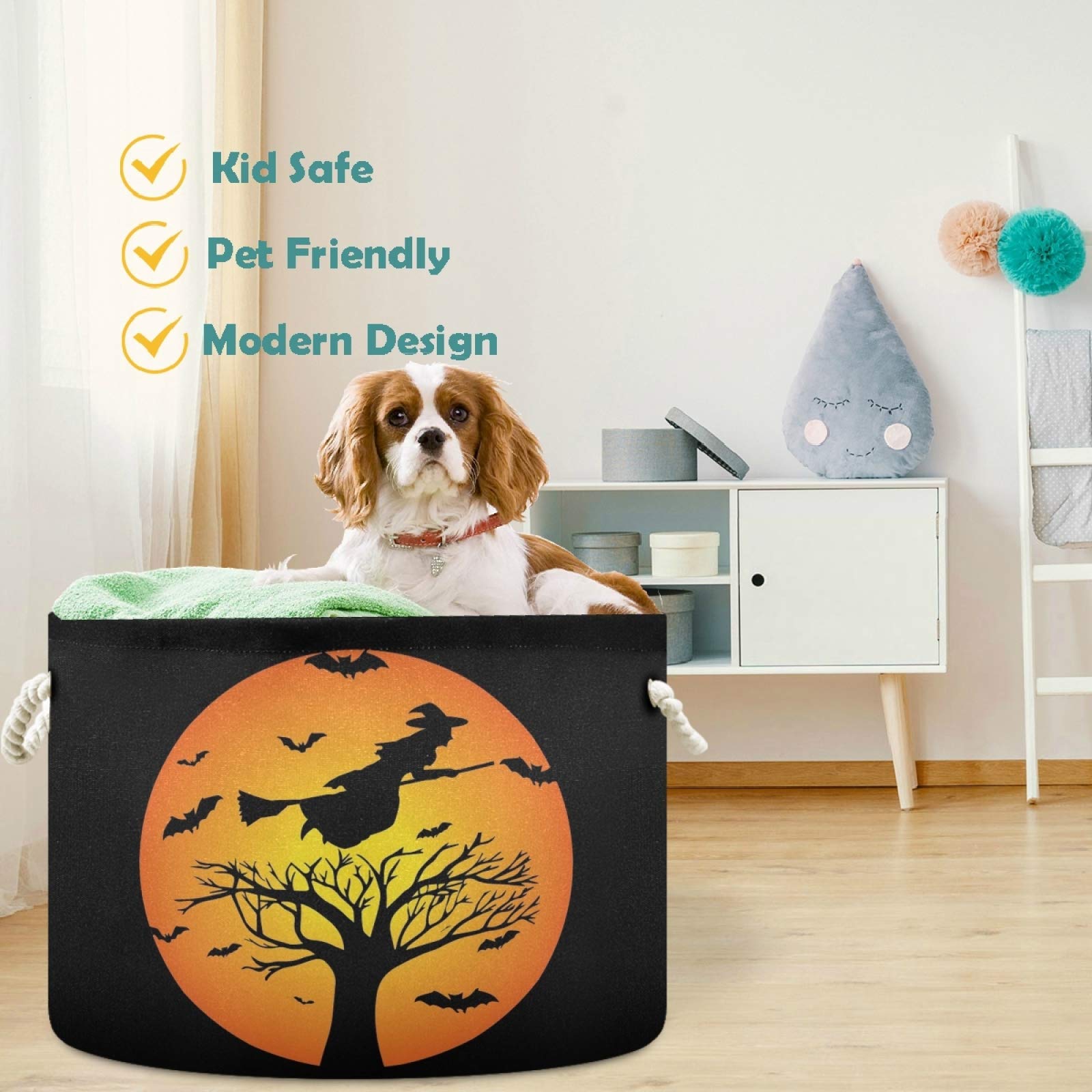 Visesunny Halloween Witch Black Bat & Full Moon Canvas Storage Basket - Waterproof Toy Organizer Bin, Nursery Hamper, Laundry Basket for Kids Room, Playroom, Shelves | Perfect for Halloween Decor, Toy Storage & Kids' Room Organization