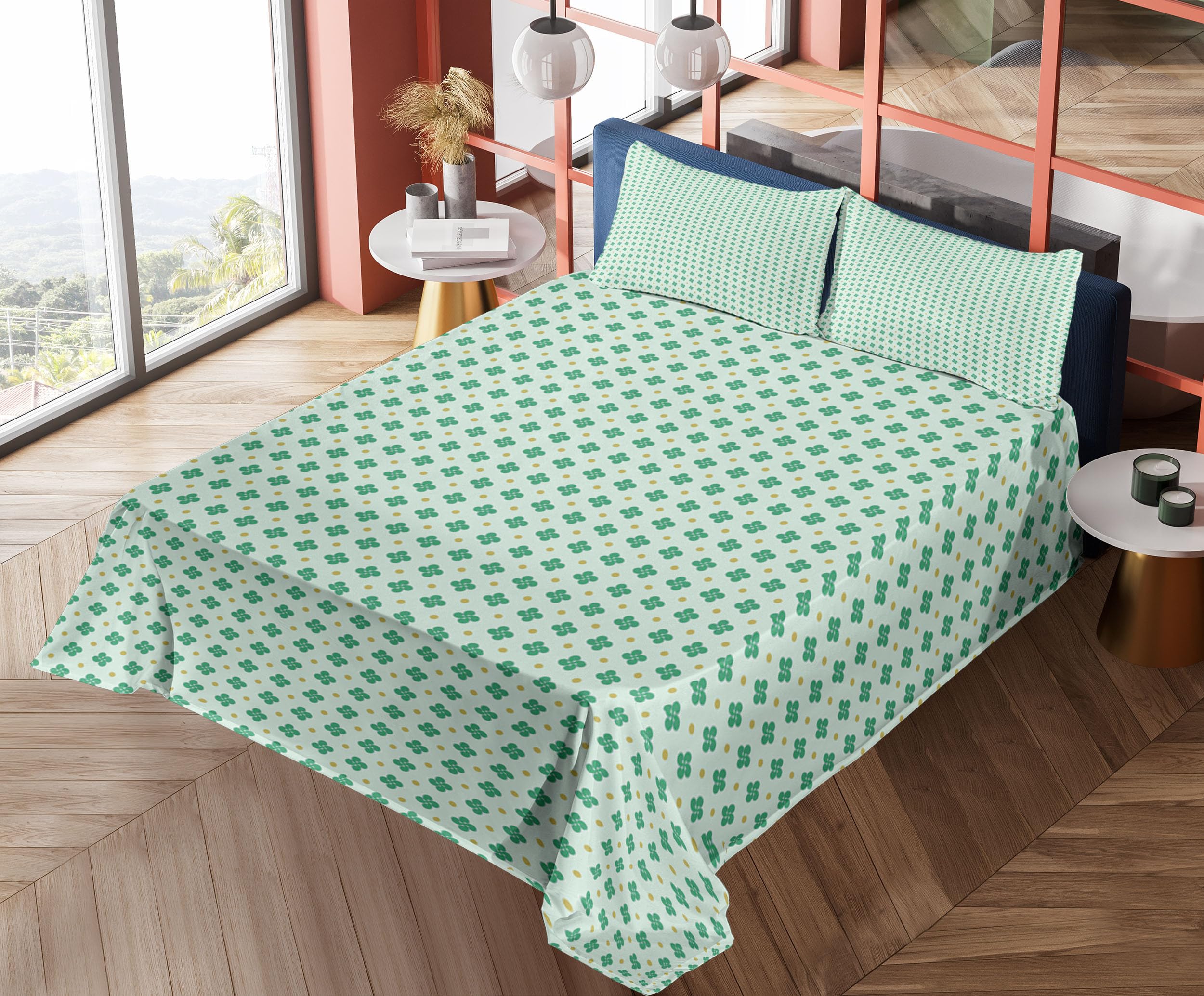 Ambesonne Floral Sheet Set - Modern Polka Dots & Shamrock Leaves Design, 4-Piece King Size Bedding Set with Fitted Sheet, Flat Sheet & Pillowcases in Mint Green Khaki | Perfect for Guest Rooms, Master Bedrooms & Bohemian Home Decor