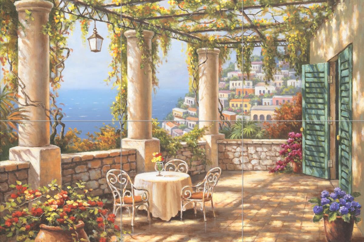 Ceramic Backsplash Tile Mural - Tuscan Italian Countryside Kitchen & Bathroom Decor - Morning Terrace Landscape by Sung Kim - Perfect for Farmhouse, Mediterranean & Vintage Style Homes