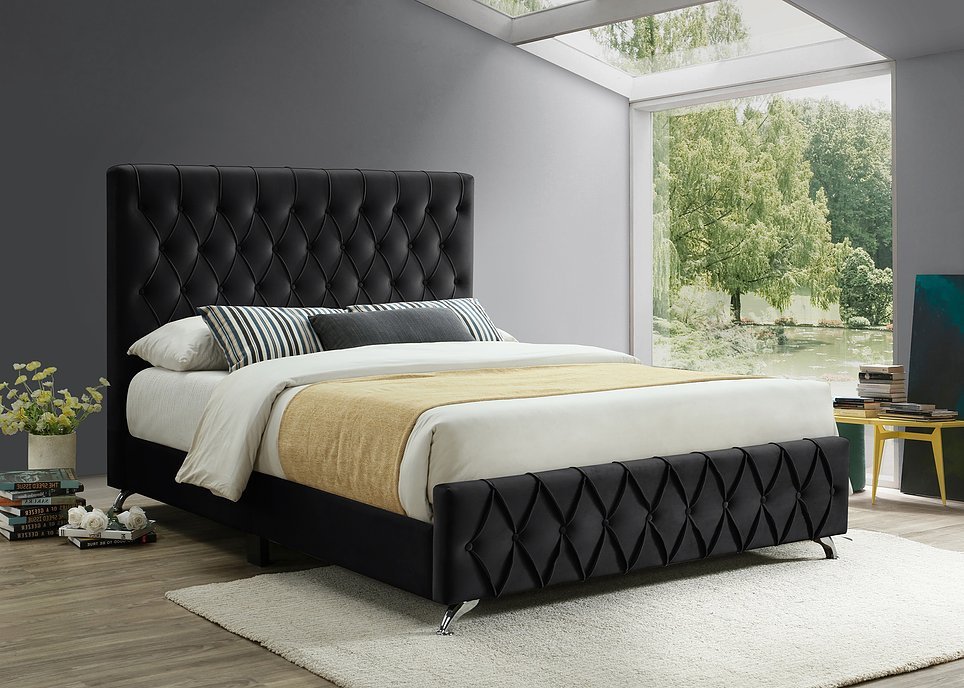 Luxury Black Velvet Upholstered Bed Frame with Diamond Tufted Buttons & Chrome Metal Legs - Elegant Master Bedroom Furniture for Modern Home Decor