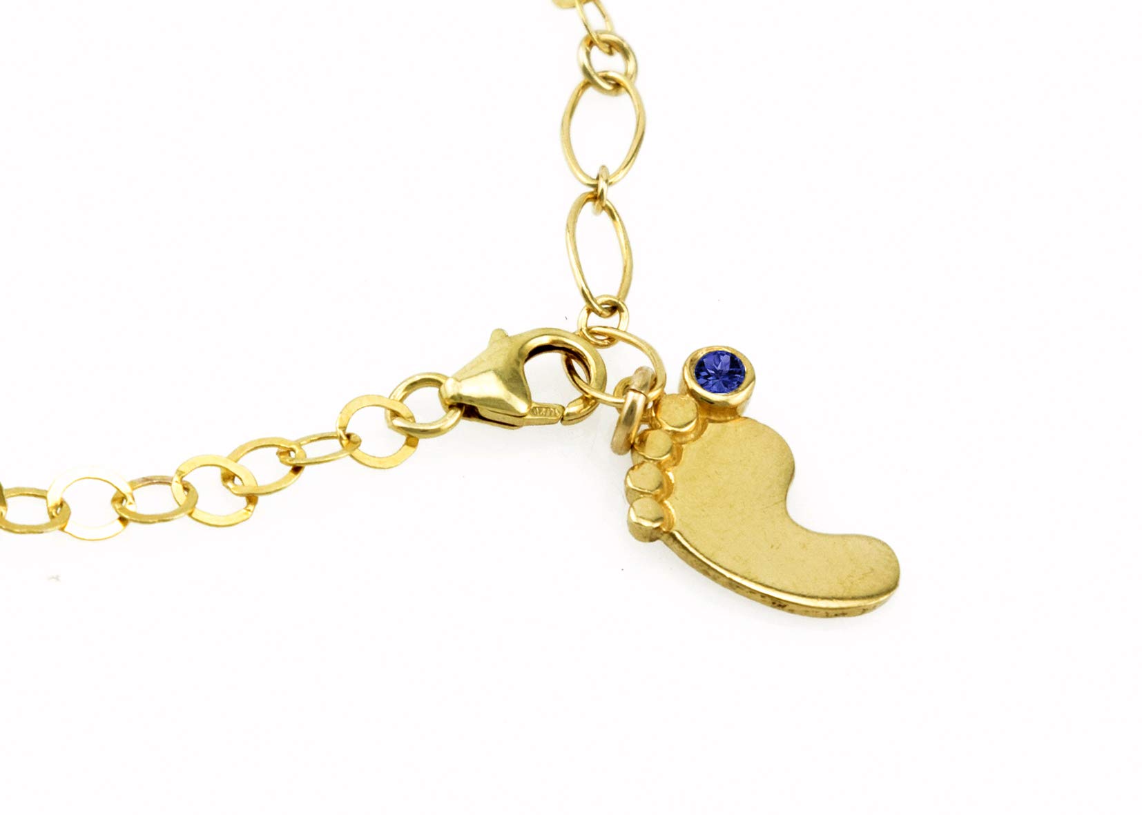 22K Gold Plated Sterling Silver Dangle Baby Foot Charm Bracelet with Blue Sapphire CZ Stone - Elegant Jewelry Gift for New Moms, Baby Showers, Christmas & Birthdays - Perfect for Special Occasions & Everyday Wear