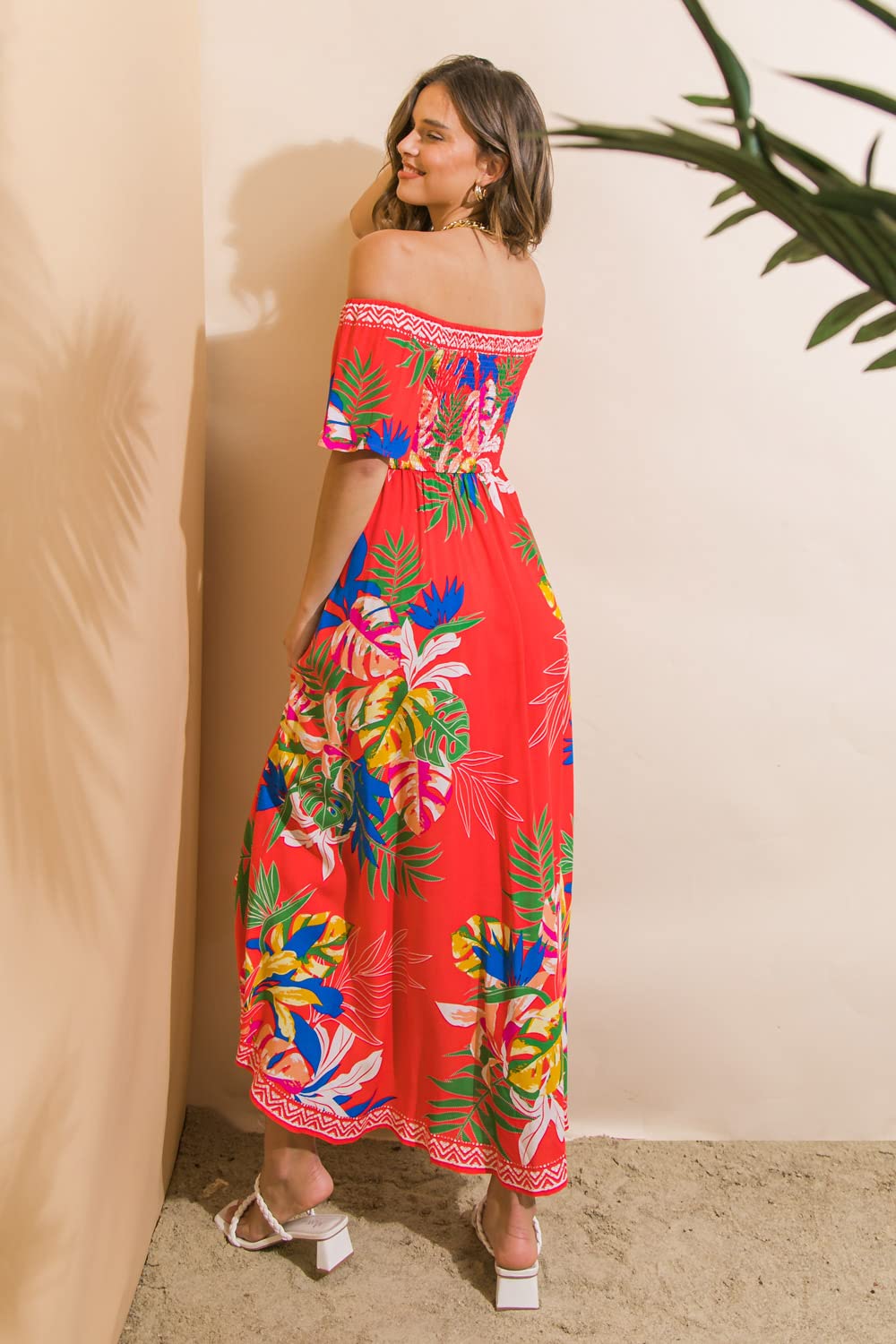 Bohemian Off Shoulder Maxi Dress - Floral Print Smocked Summer Dress with Hi-Low Hem | Perfect for Beach Vacations, Music Festivals, and Casual Outings