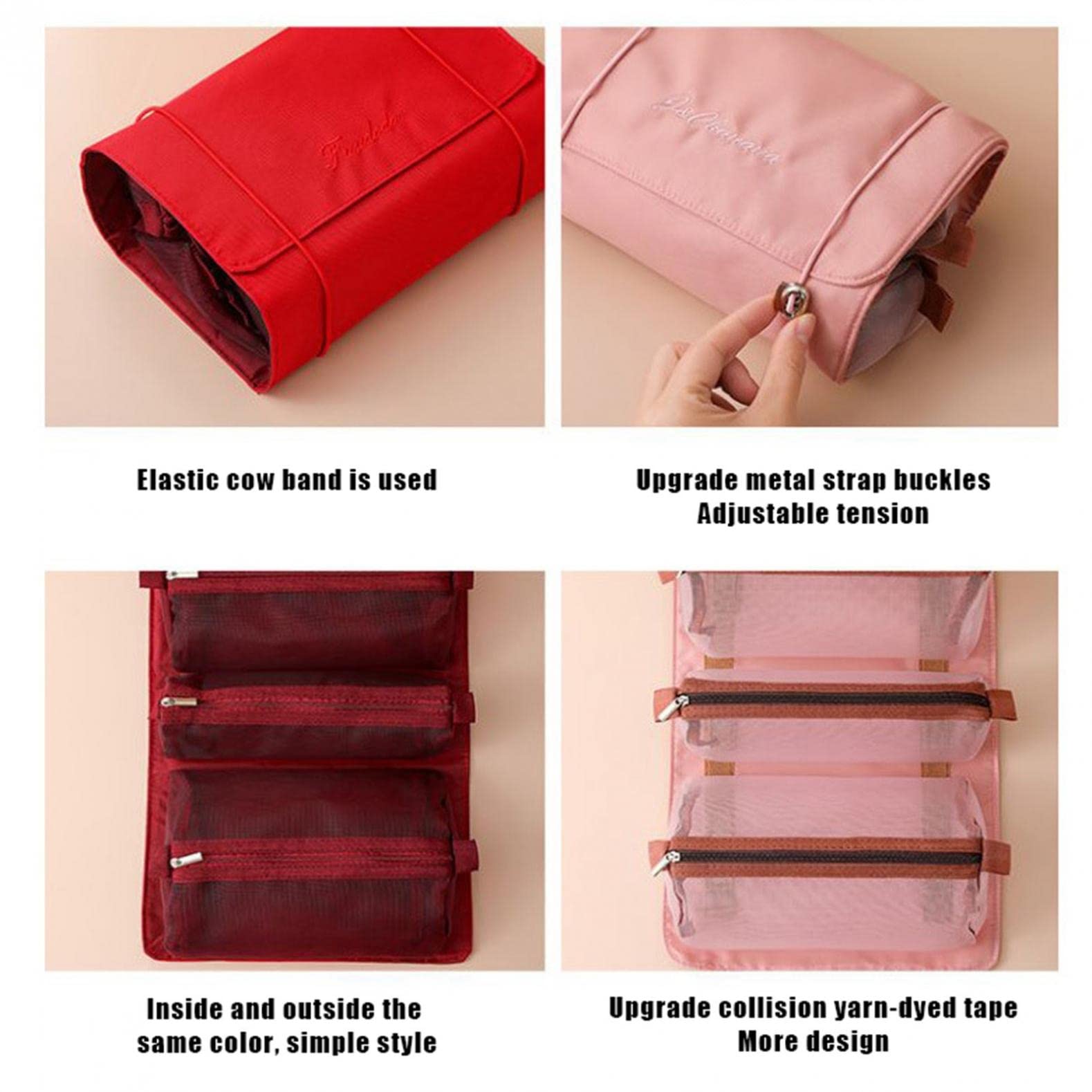 4 in 1 Foldable Detachable Travel Makeup Organizer with 4 Removable Mesh Compartments | Roll-up Cosmetic Bag & Toiletry Kit (Red) | Perfect for Travel, Gym, Camping & Daily Organization