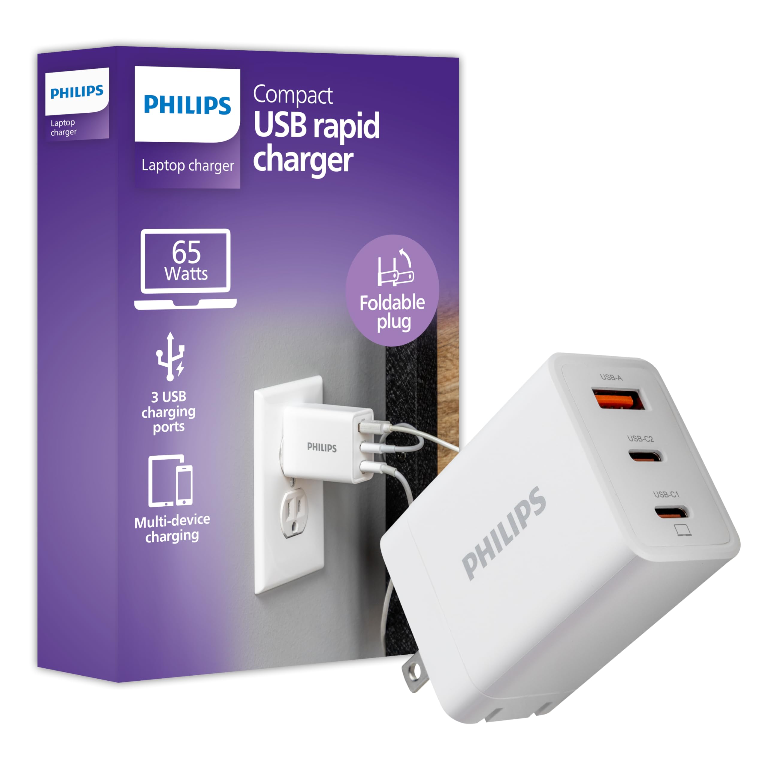 Philips 65W GaN Fast Charger with 3 Ports (USB C & USB A) - Compact Foldable Wall Charger for iPhone 16/15 Series, iPad Pro - White (DLP3653W/37) | Perfect for Travel, Office & Home Charging