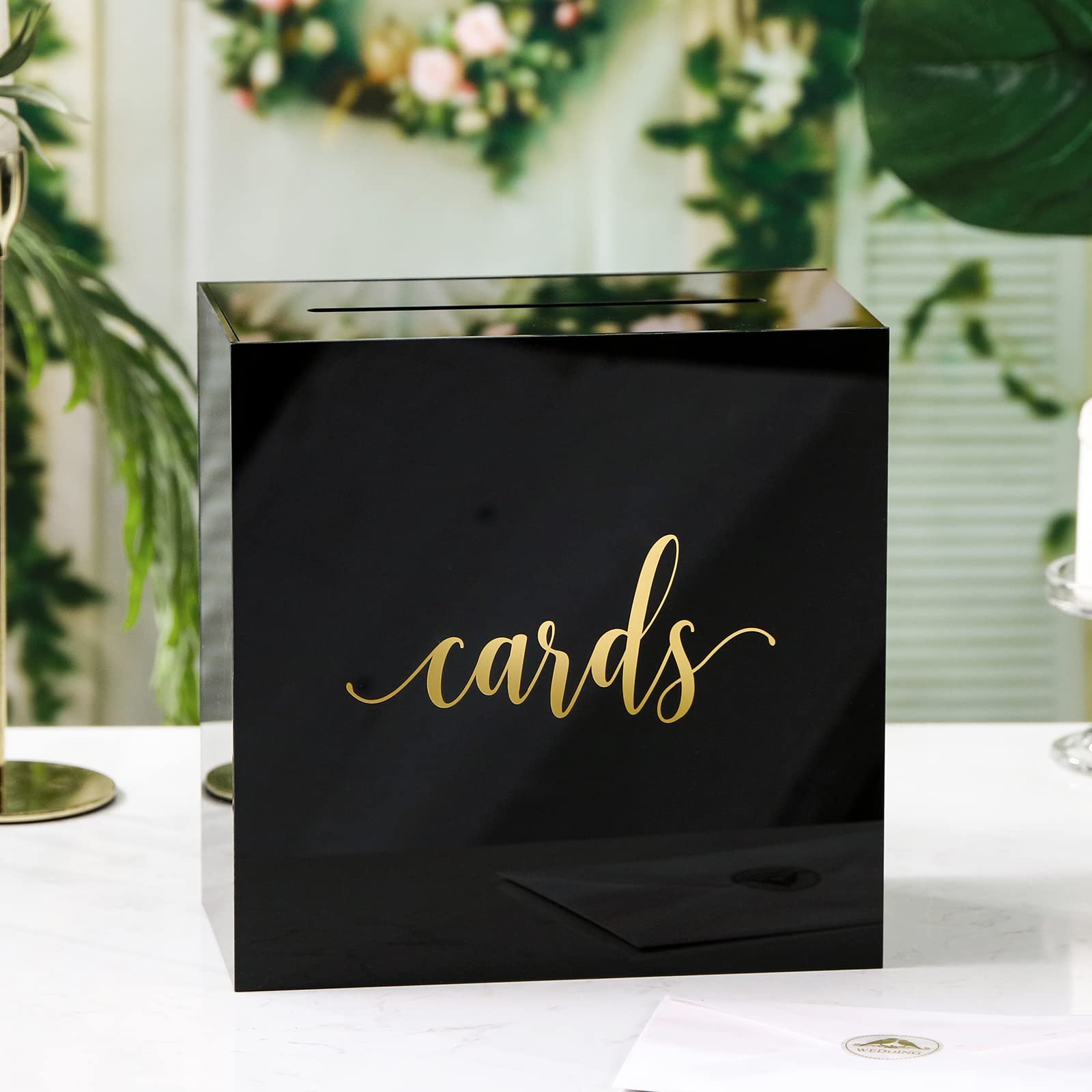 UNIQOOO 10x10x5.5 Inch Black Acrylic Wedding Card Box with Gold Foil Slot - Elegant Money Gift Box for Wedding Receptions, Birthday Parties, Memory Keepsakes & Suggestion Box | Perfect for Bridal Showers, Anniversary Gifts & Event Decor