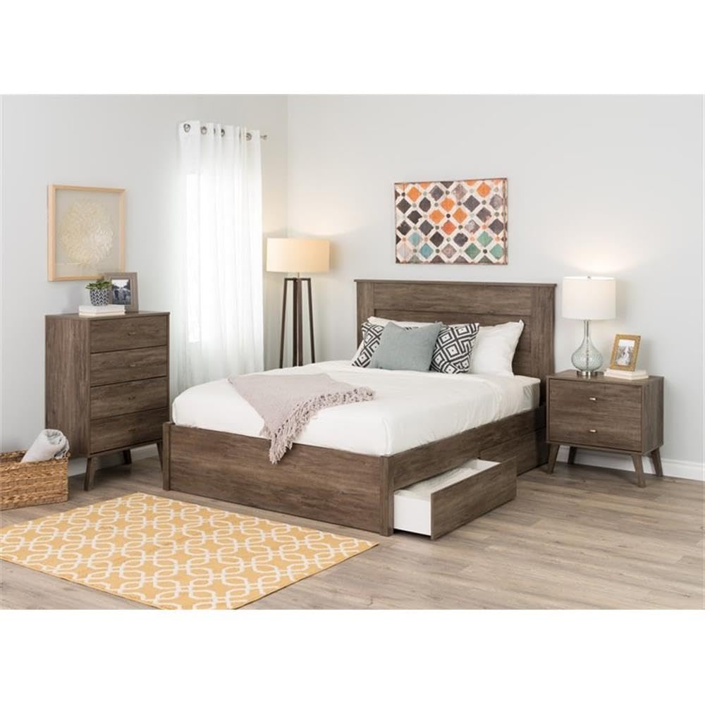 Allora Mid Century Modern 2 Drawer Wooden Nightstand - Drifted Gray Finish Bedside Table for Bedroom, Living Room & Office Storage | Compact Night Stand with Drawers for Home Decor