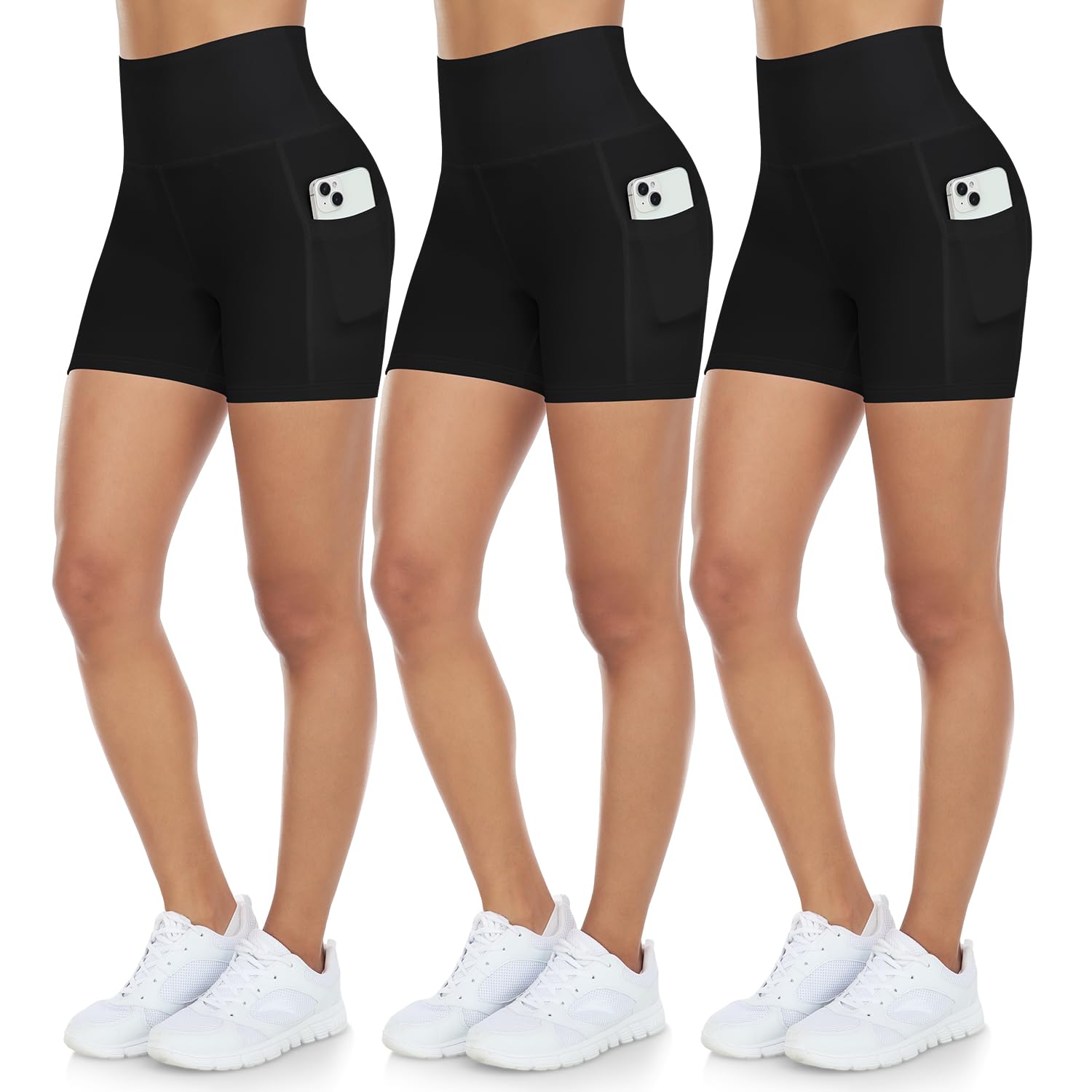 iaoja 3 Pack Women's High Waisted Biker Shorts with Pockets - 5'' Tummy Control Workout Yoga Running Shorts in Black | Perfect for Gym, Cycling & Casual Wear