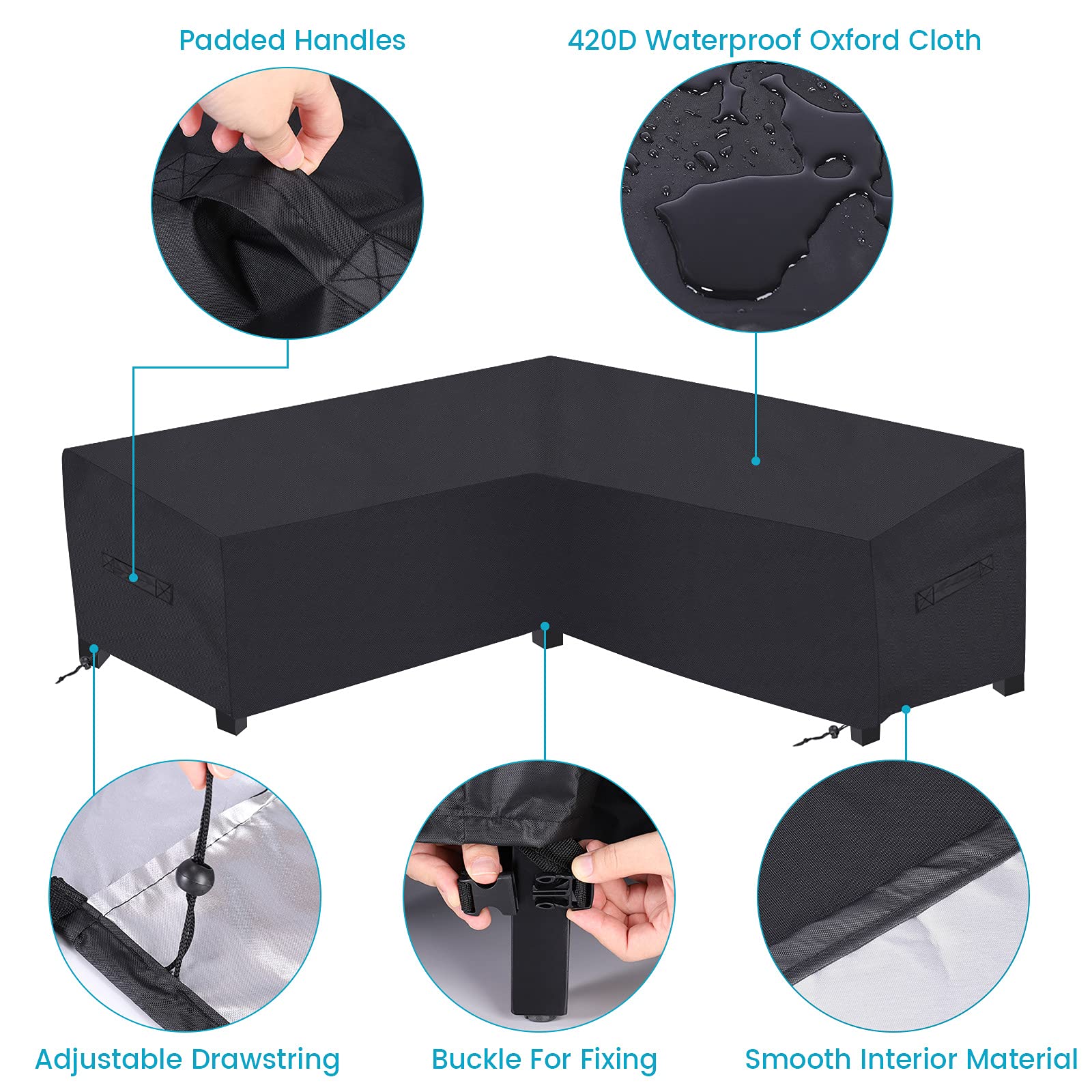 Waterproof 420D Outdoor Patio Sectional Sofa Cover - Windproof V-Shaped Furniture Protector (106