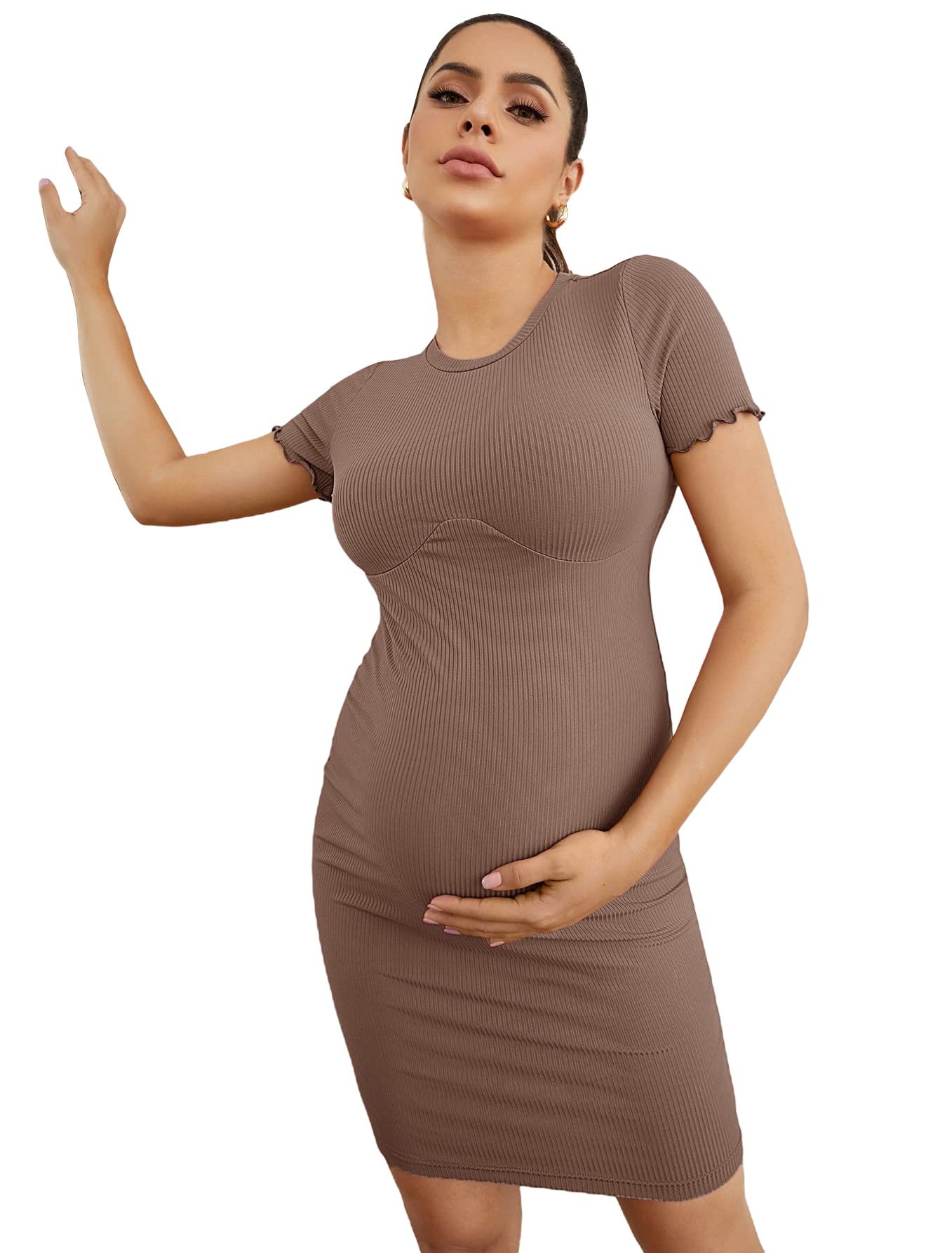 MakeMeChic Women's Maternity Short Sleeve Ribbed Bodycon Dress - Stretchy Pregnancy Mini Dress for Casual Wear, Baby Shower & Date Night