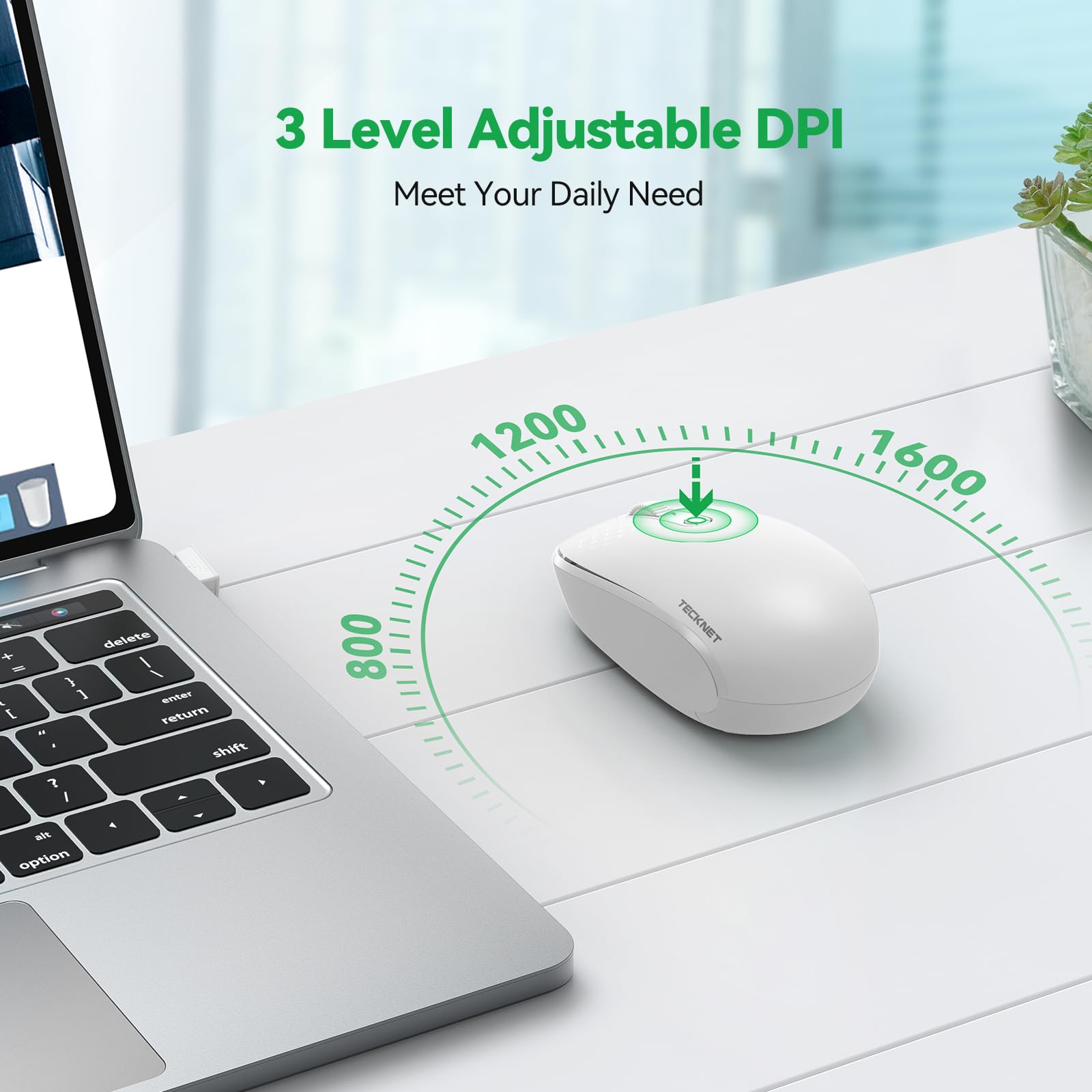 TECKNET 2.4G Wireless Quiet Mouse for Laptop, PC, Mac, Chromebook - 4 Buttons, USB Receiver, 800/1200/1600 DPI, Portable Cordless Design - White | Ideal for Office, Home, and Travel Use