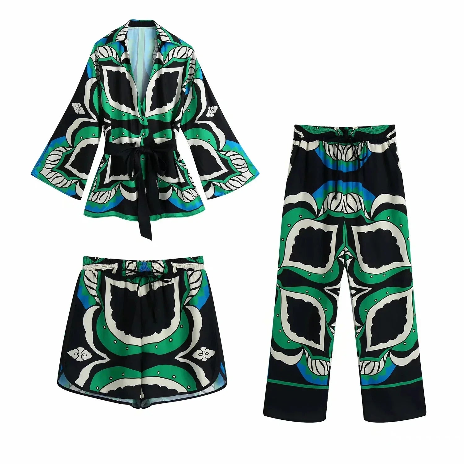 Foridol Oversized Green Print Boho Women's Shorts Set - Matching Shirt, Shorts & Pants 3-Piece Outfit for Summer | Casual Beachwear, Vacation Outfits & Boho Fashion Style