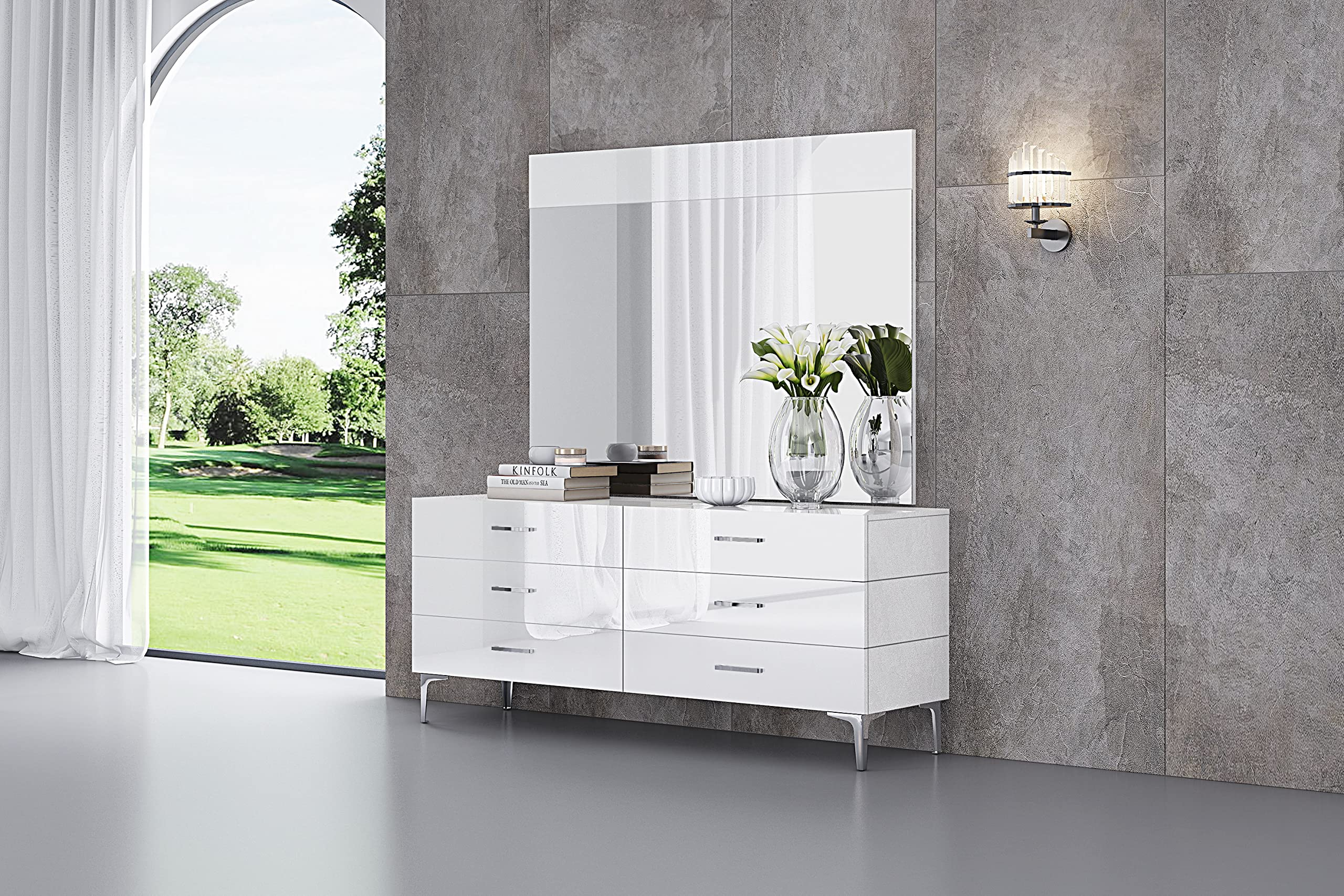 Modern White High Gloss Dresser with 6 Soft-Close Drawers & Chrome Handles - Stainless Steel Legs for Bedroom, Living Room or Office Storage