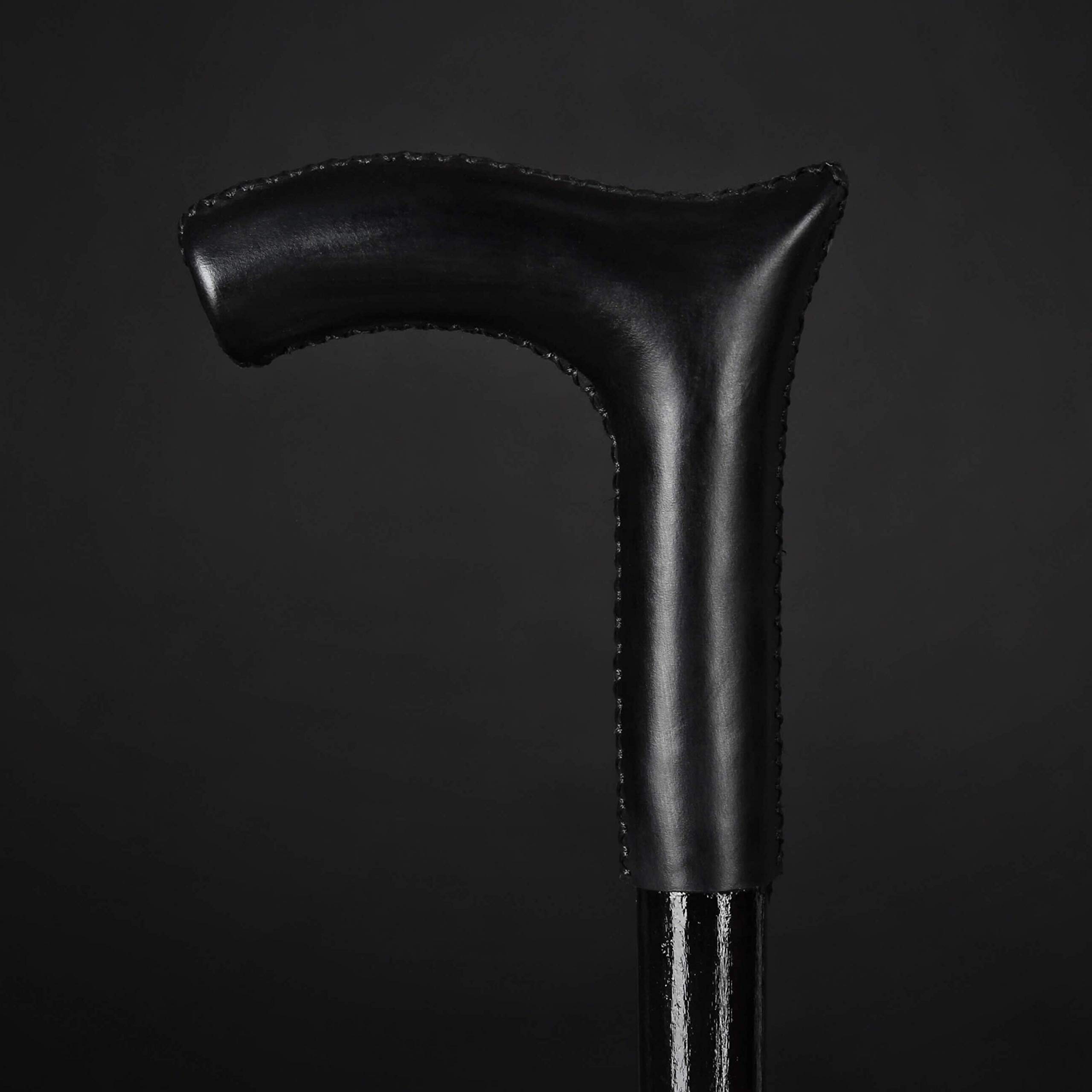 Premium Black Leather Walking Cane - Handcrafted Derby Wooden Cane for Men & Women - Elegant Hiking Stick for Outdoor Adventures, Fashionable Mobility Aid for Daily Use & Perfect Gift for Seniors