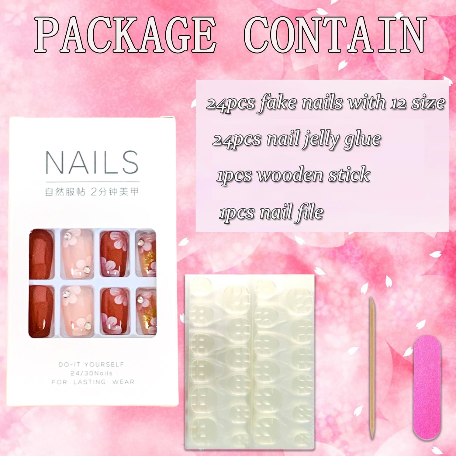 Vezocim 24Pcs Medium Length Square Press on Nails - Glossy Brown Acrylic Fake Nails with Flower & Rhinestone Designs, Full Cover Coffin False Nails with Glue Kit for Women | Perfect for Parties, Weddings, Date Nights & Special Occasions