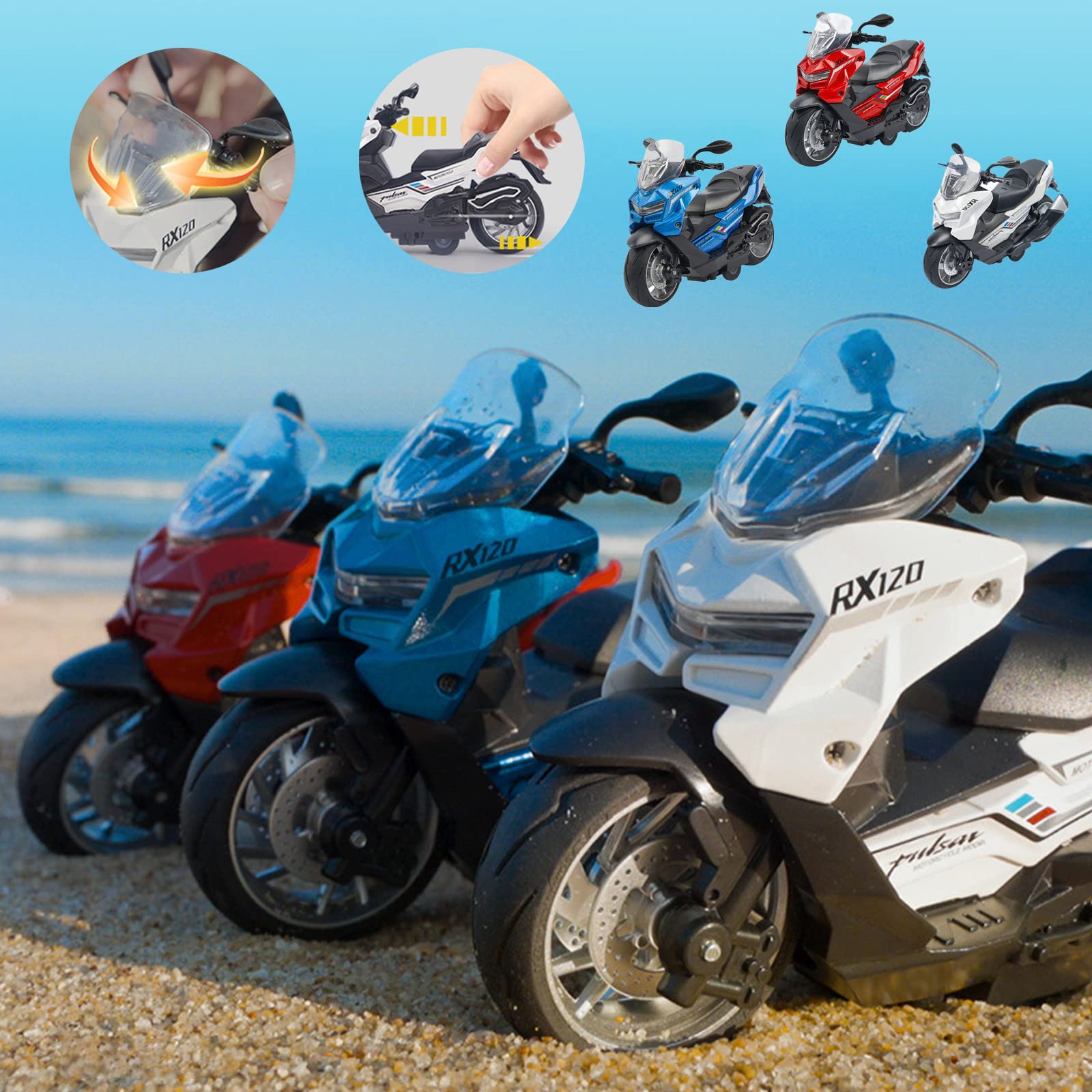 1:12 Scale Alloy Pull Back Motorcycle Toy with Light & Music - Mini Simulation Scooter Model for Kids Collection, Boys & Girls Gift for Birthday, Christmas (Ideal for Pretend Play & Room Decoration)