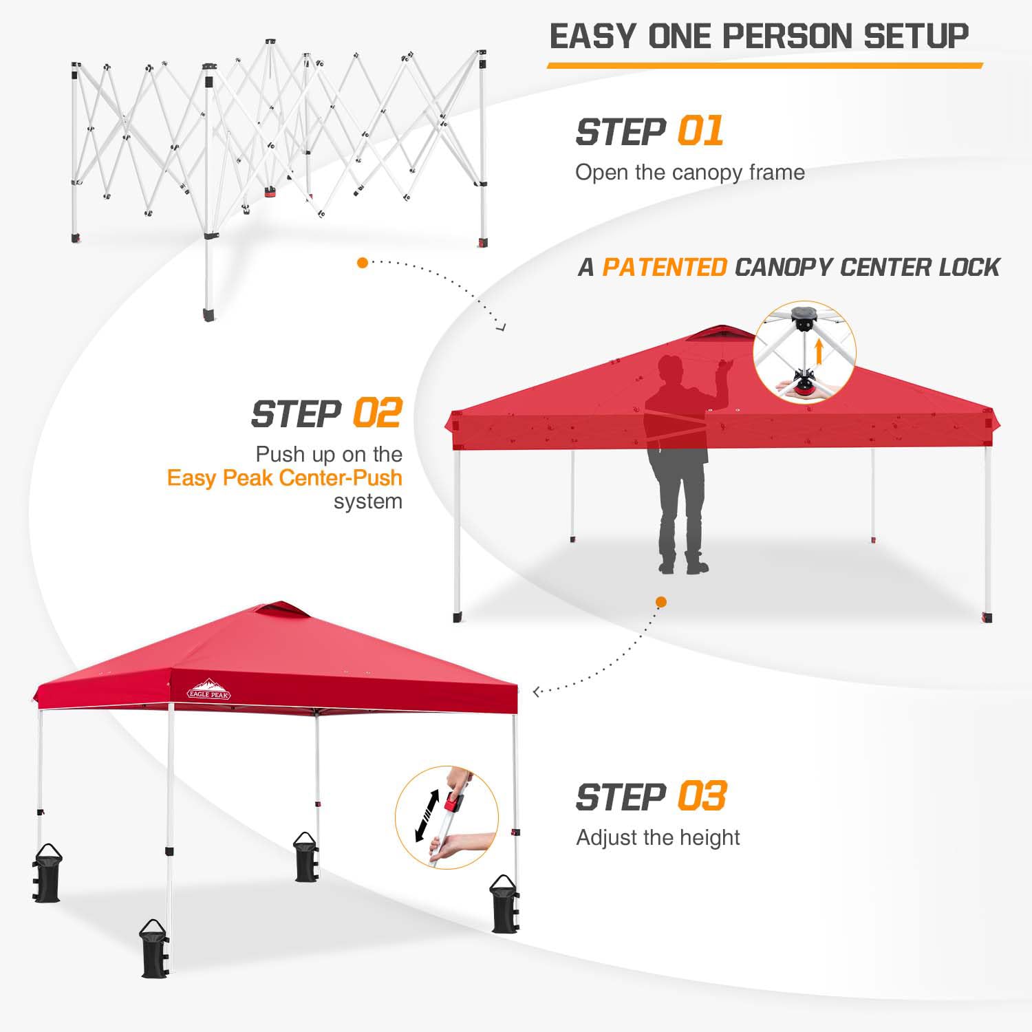 EAGLE PEAK 10x10 ft Pop Up Canopy Tent with Wheeled Carry Bag - Easy Setup Instant Shelter with 8 Stakes, 4 Ropes & 4 Weight Bags (100 sq ft Shade, Red) - Perfect for Outdoor Events, Camping, Beach, Picnics and Backyard Parties