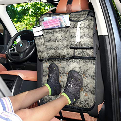 WELLDAY Car Backseat Organizer with Retro Skull Design - 2PCS Trunk Storage Organizer, Travel Accessories with Multiple Pockets, Kick Mats Protector for Kids & Toddlers - Perfect for Road Trips, Family Travel and Daily Commute