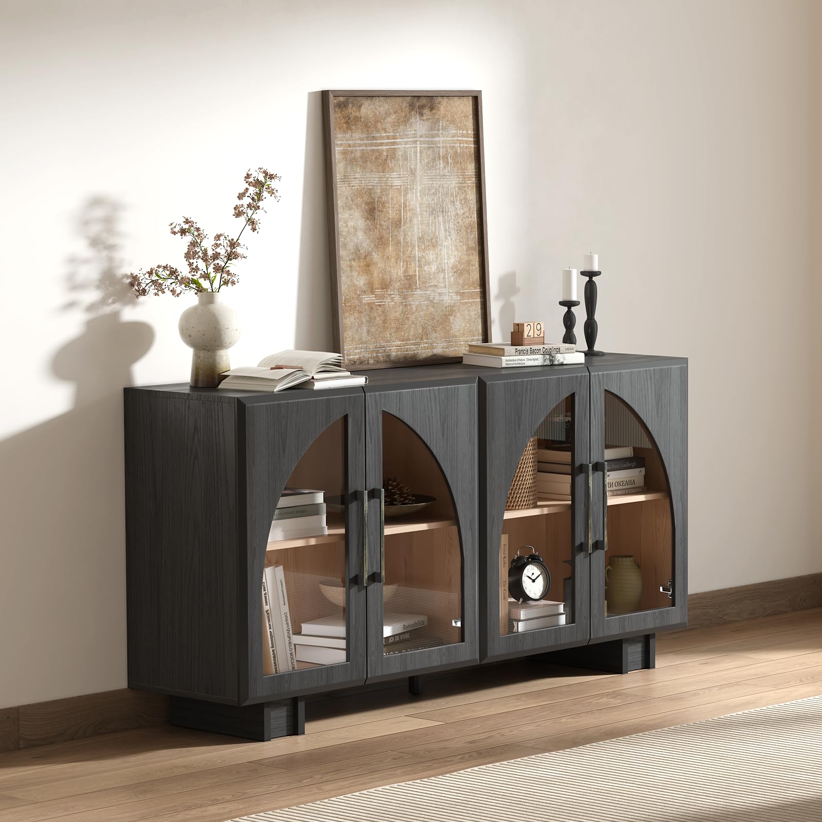 Modern Accent Cabinet with Glass Doors & Adjustable Shelves - Sideboard Buffet Storage Cabinet for Living Room, Entryway, Dining Room - Black Arched Credenza for Home Decor & Organization