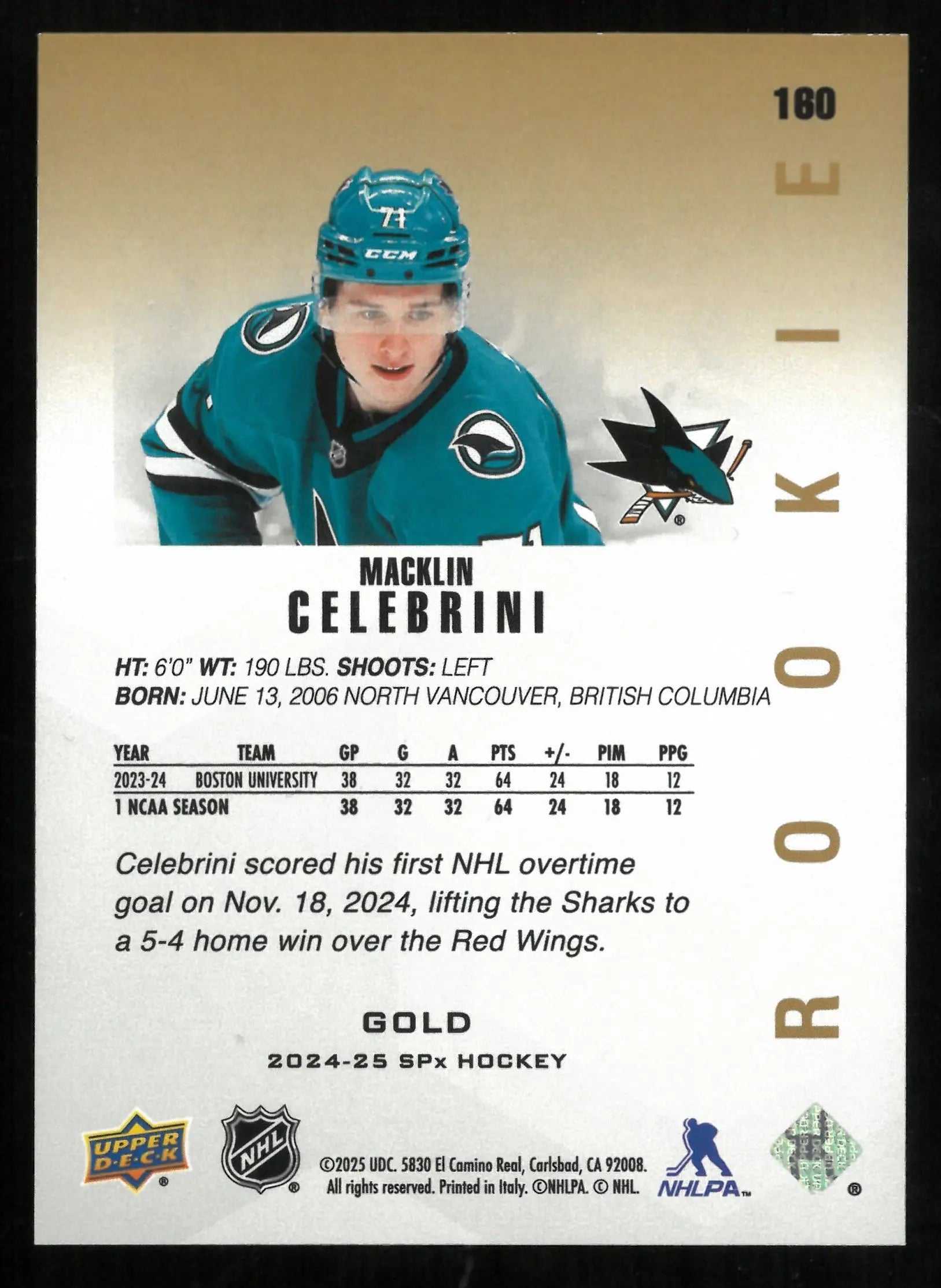 2024-25 Upper Deck SPX Hockey Macklin Celebrini RC Rookie Gold SP Card - Collectible Trading Card for Hockey Fans & Sports Memorabilia Enthusiasts - Perfect for Display, Trading, and Investment