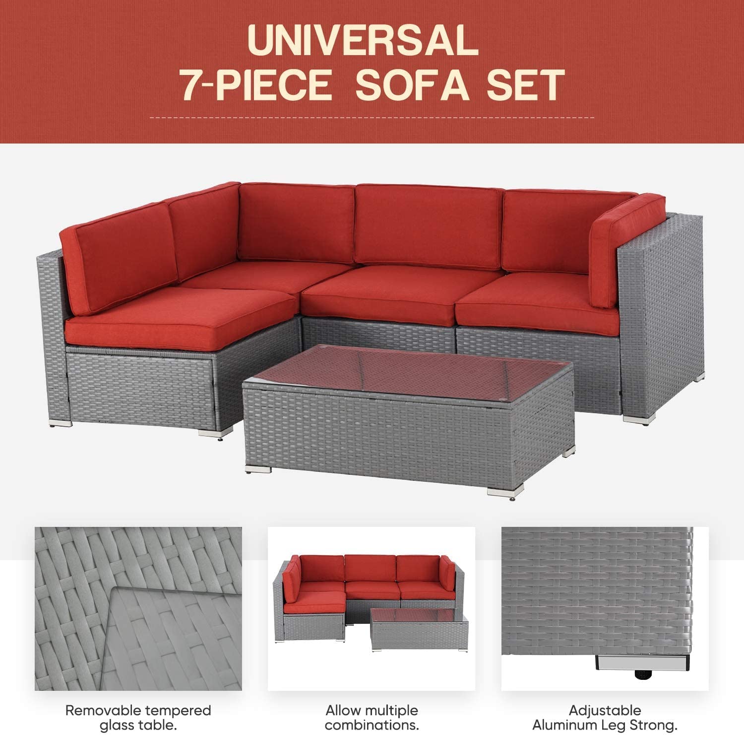 5-Piece All-Weather Outdoor Patio Furniture Set - Grey Wicker Sectional Sofa with Glass Coffee Table & Red Cushions - Perfect for Garden, Poolside, and Backyard Relaxation