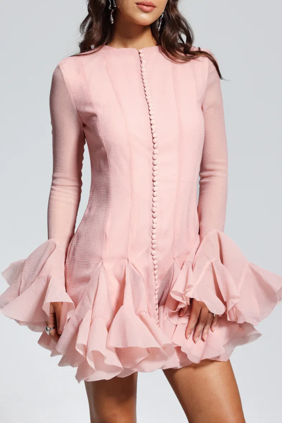 Alberta Semi-Sheer Ruffle Mini Dress in Pink - Flirty & Feminine Summer Outfit for Parties, Dates & Beach Vacations